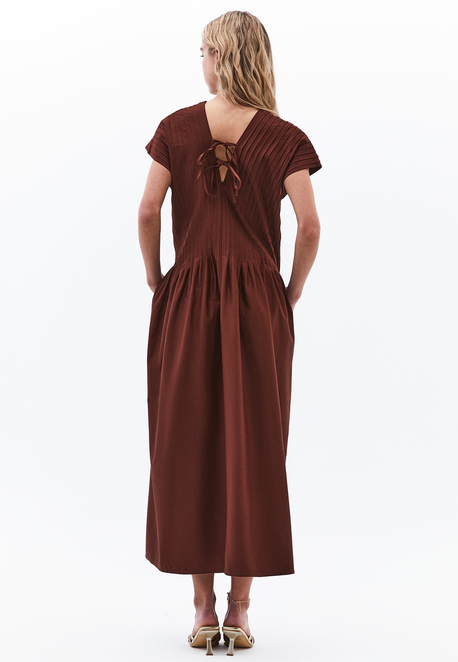 Flared V-Neck Long Dress - CHOCOLATE FONDANT