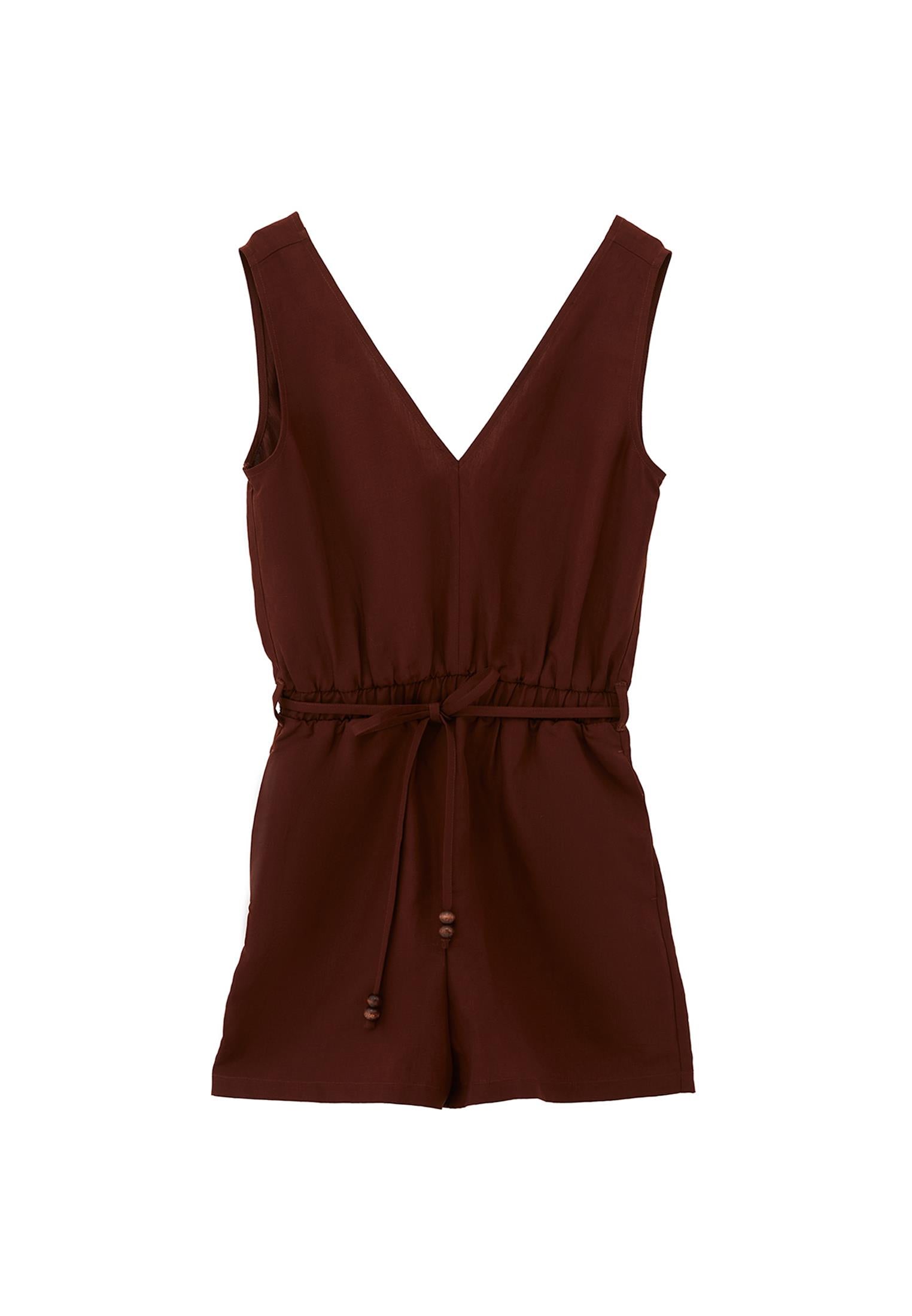 Short Closed V-Neck Jumpsuit With Belt Detail - CHOCOLATE FONDANT