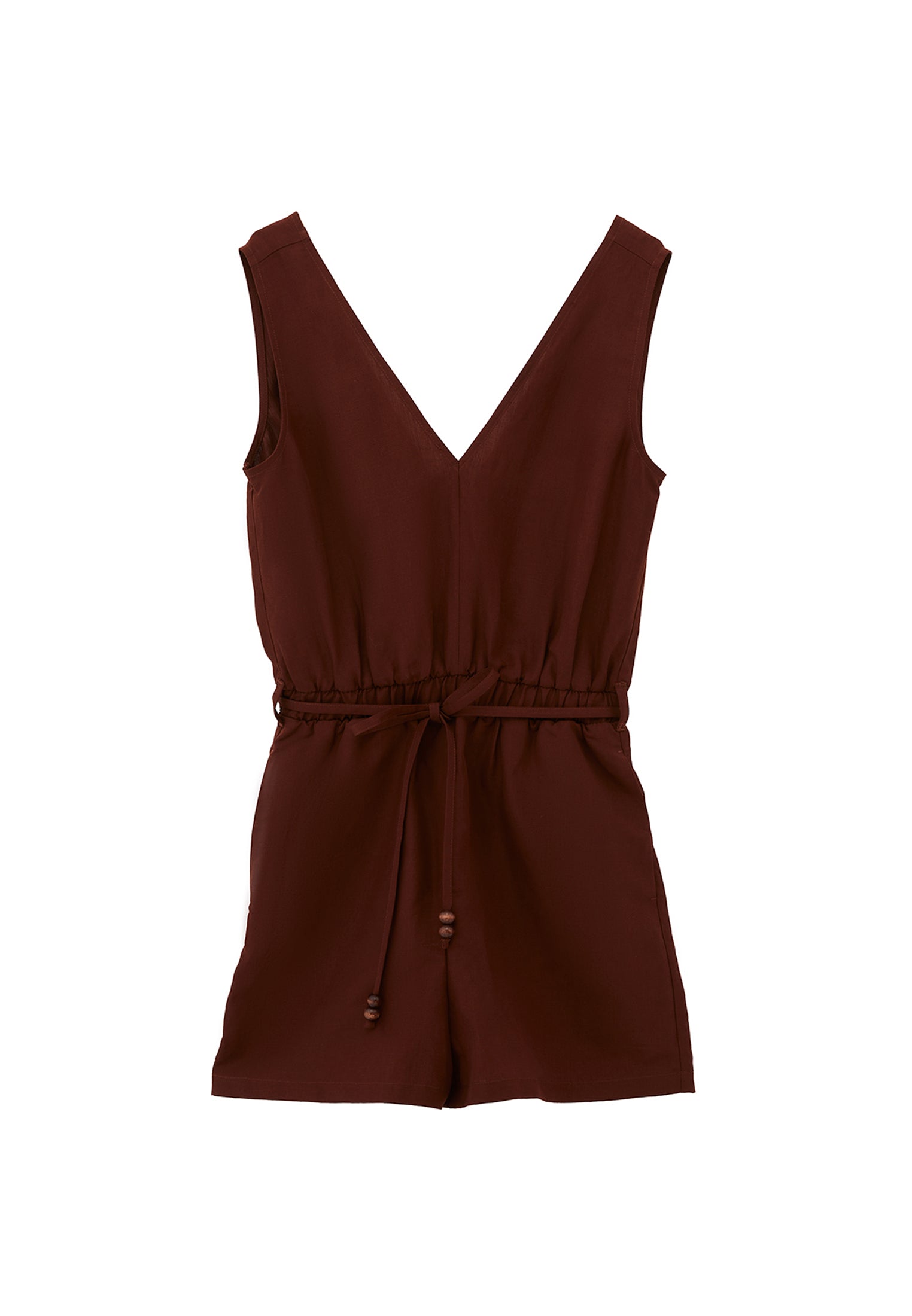 Short Closed V-Neck Jumpsuit With Belt Detail - CHOCOLATE FONDANT