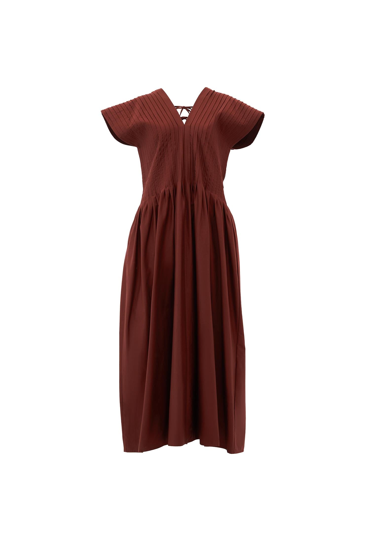 Flared V-Neck Long Dress - CHOCOLATE FONDANT