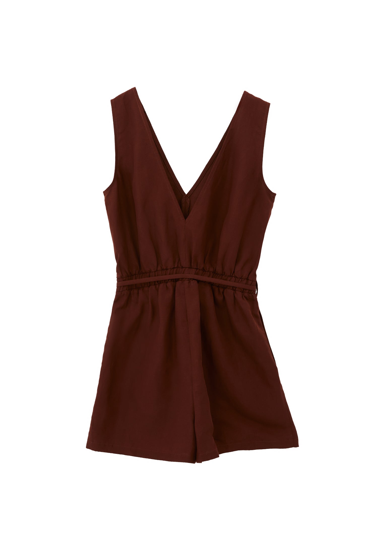 Short Closed V-Neck Jumpsuit With Belt Detail - CHOCOLATE FONDANT