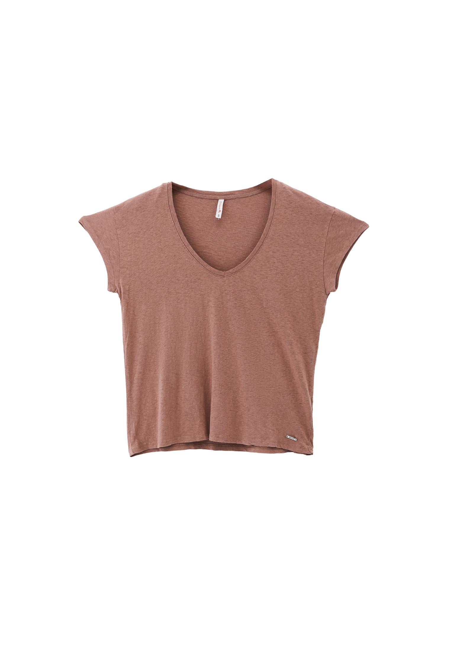 V Neck Linen T-Shirt - CHOCOLATE MALT
