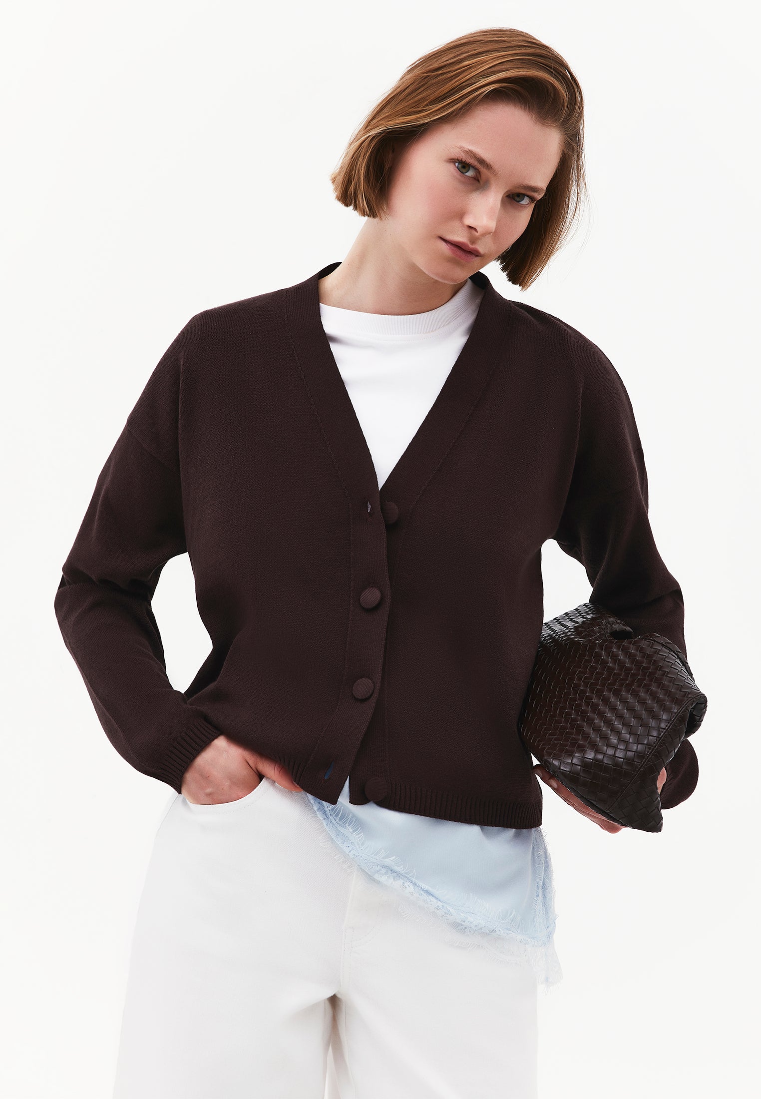 V-Neck Long Sleeve Cardigan - CHOCOLATE PLUM