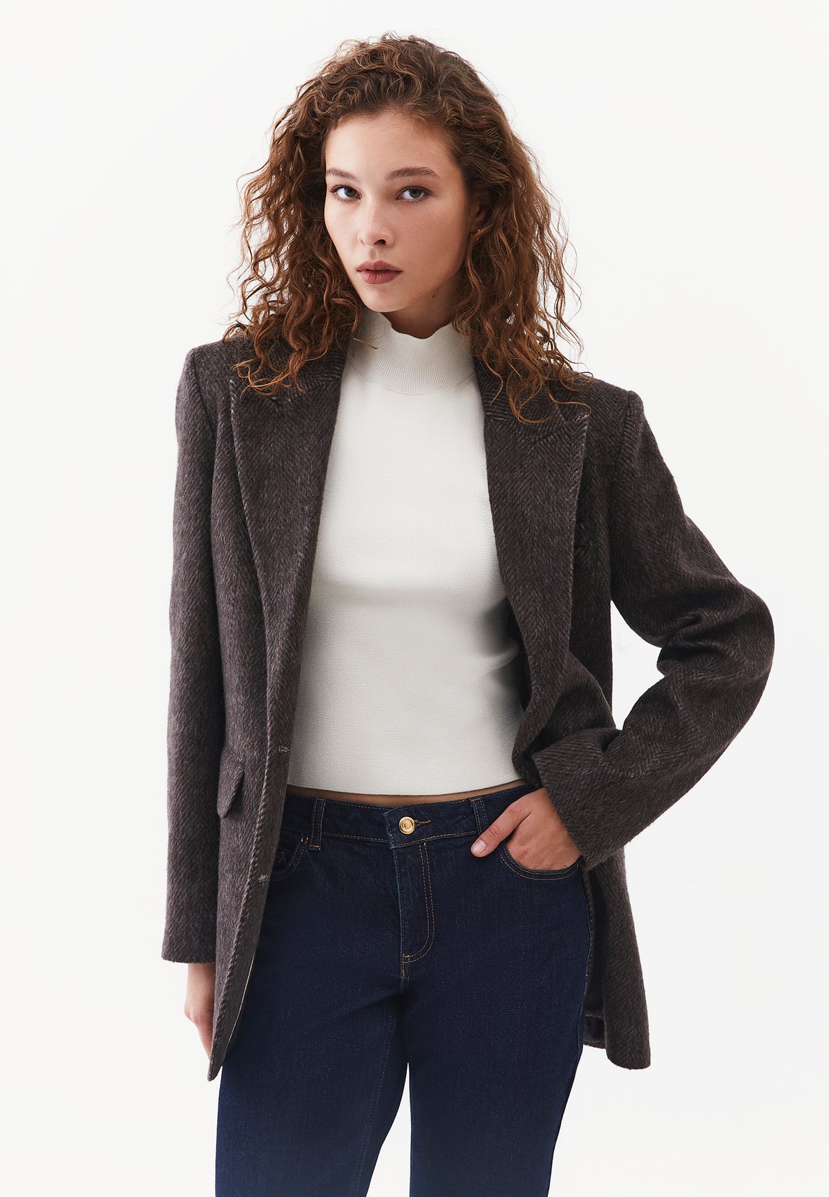 Button Detail Tunic Blazer Jacket - CHOCOLATE PLUM