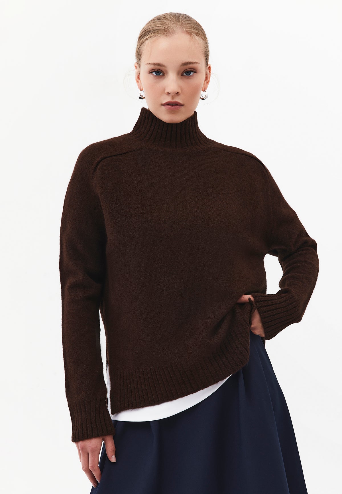 High Neck Sweater With Side Slit Detail - CHOCOLATE PLUM
