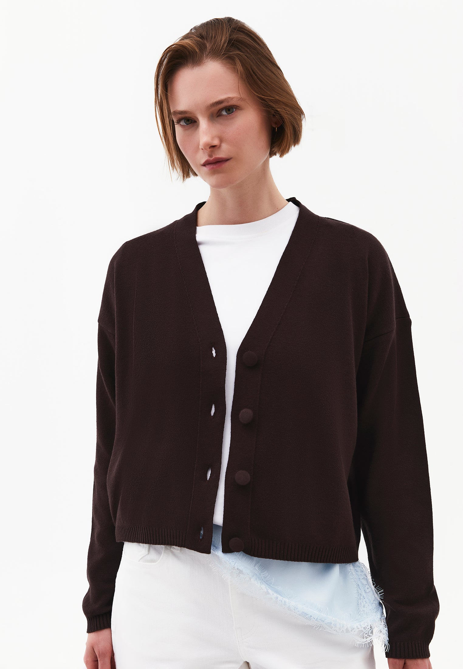 V-Neck Long Sleeve Cardigan - CHOCOLATE PLUM