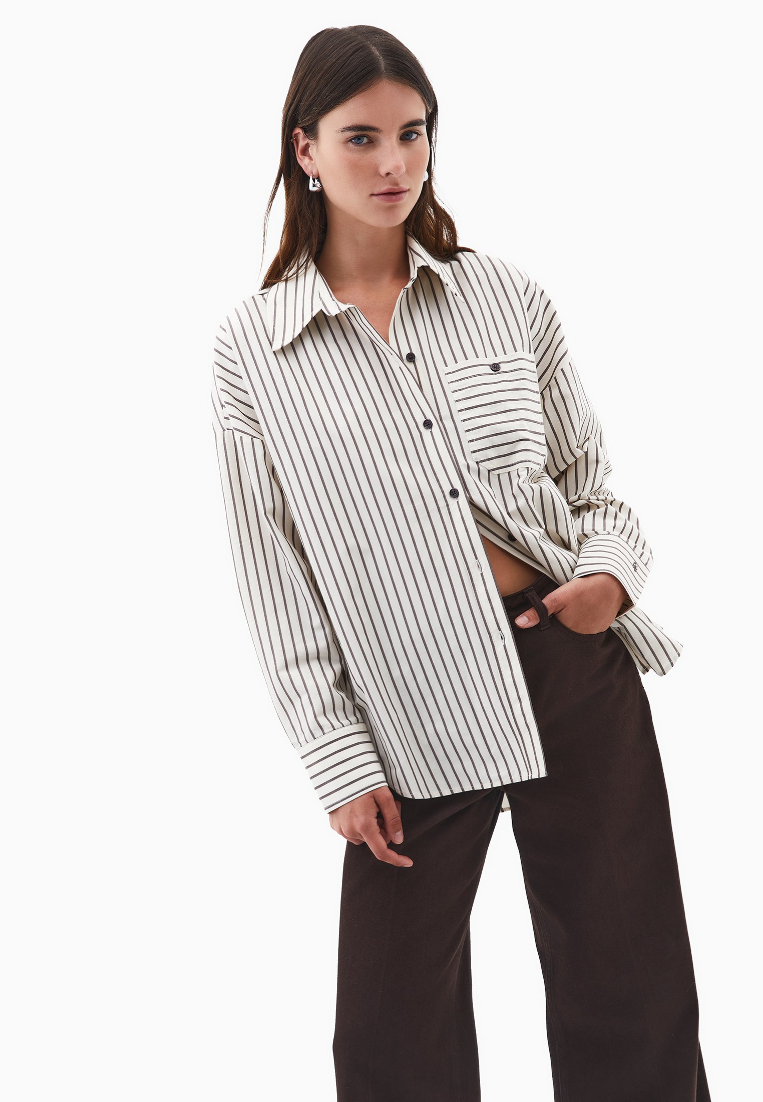 Oversize Striped Poplin Shirt - CHOCOLATE STRIPE