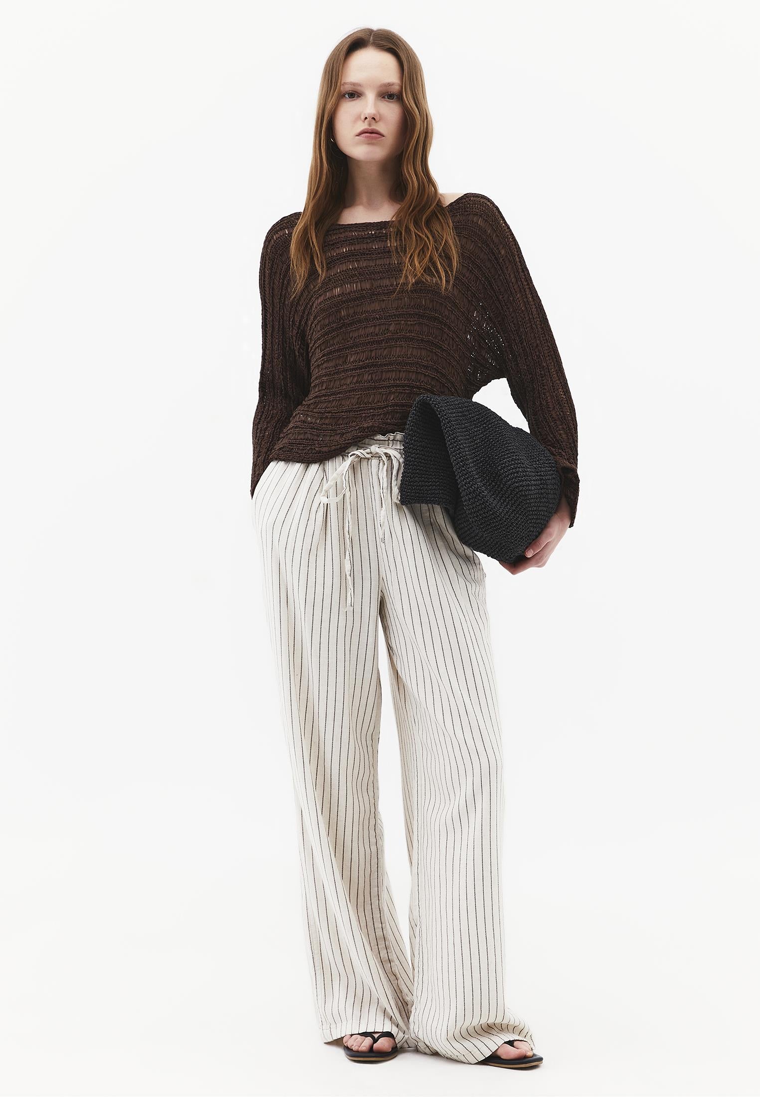 High Waist Wide Leg Pleated Pants - CHOCOLATE STRIPE