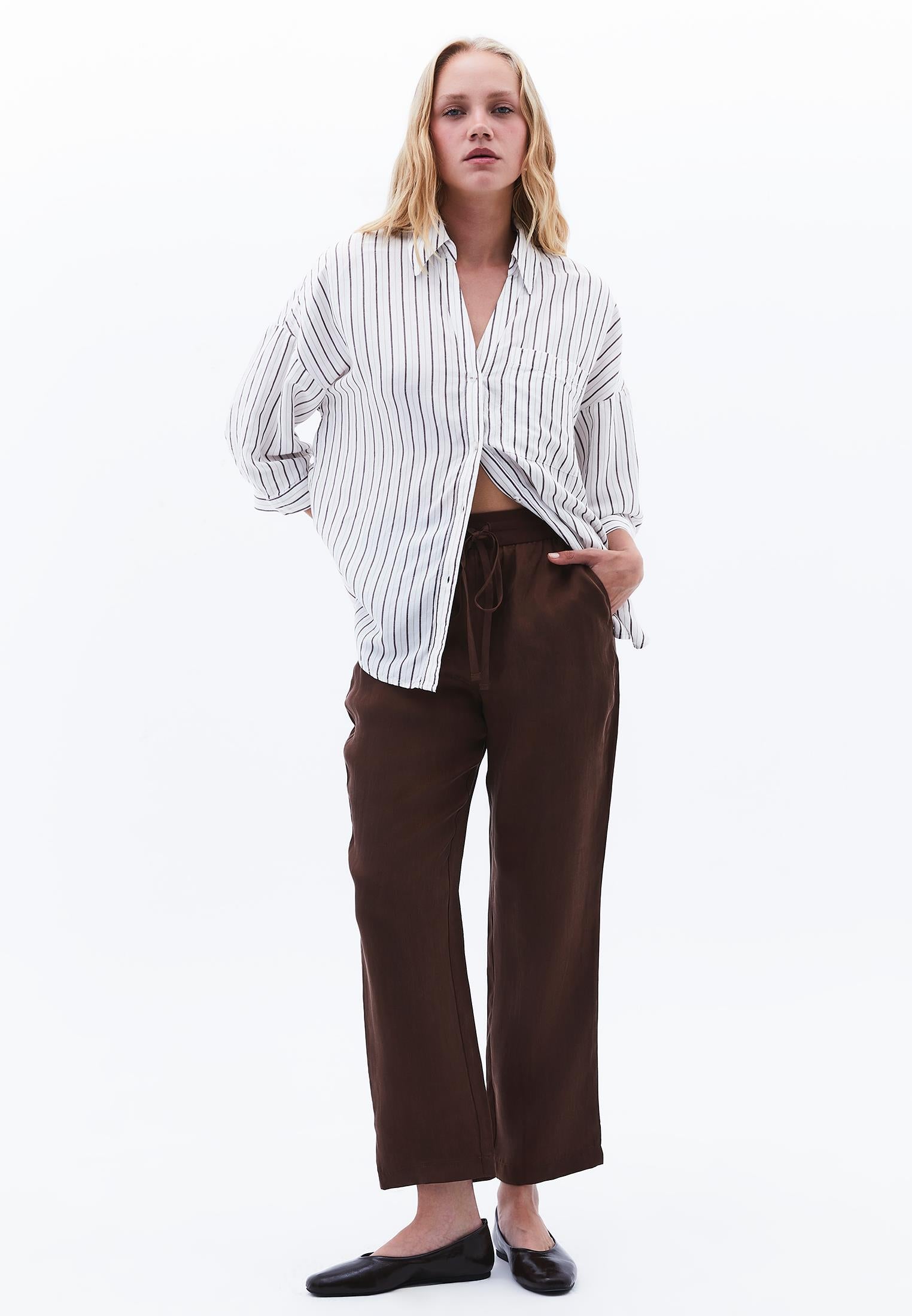 Linen Oversize Tunic Shirt - CHOCOLATE STRIPE