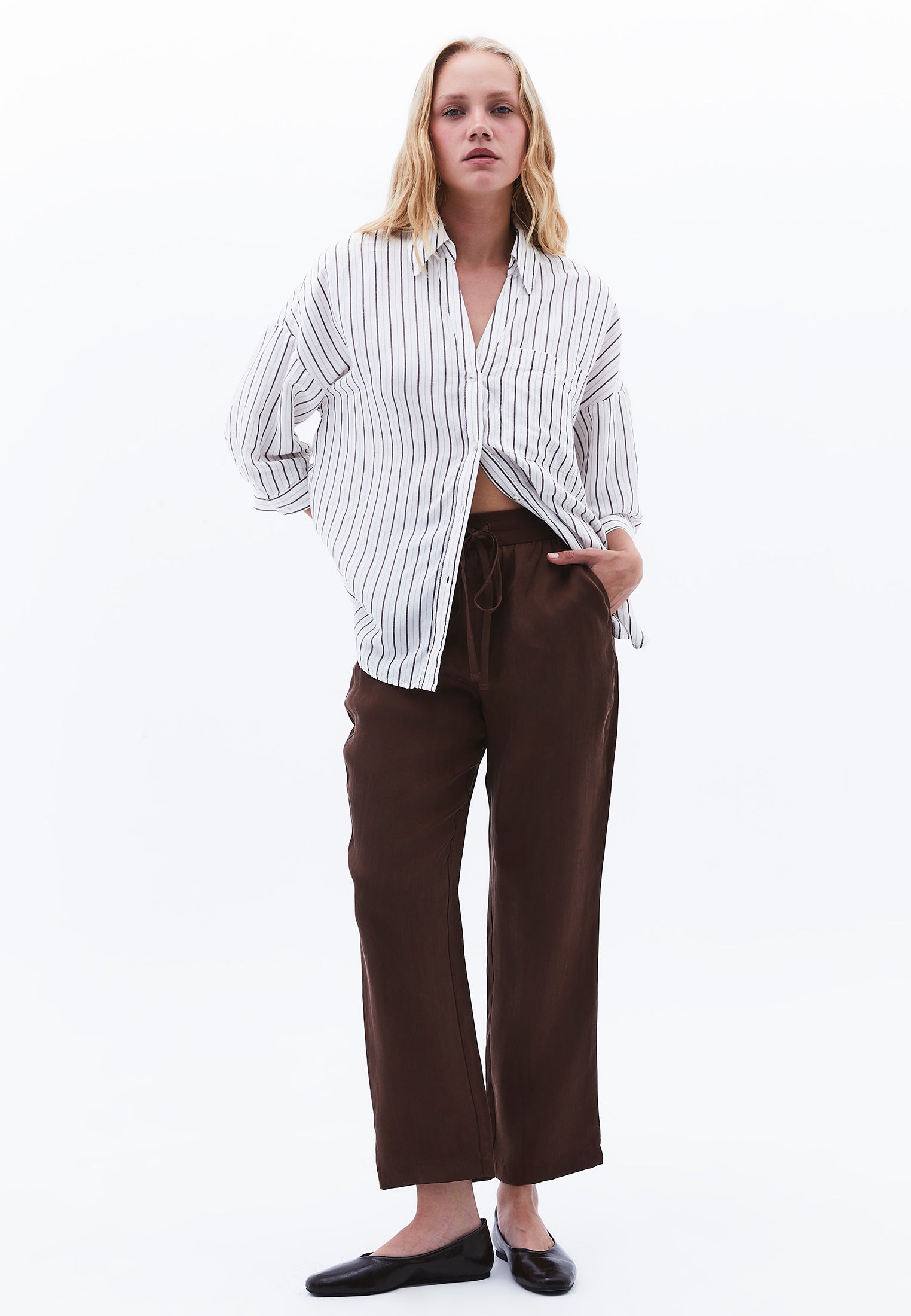Linen Oversize Tunic Shirt - CHOCOLATE STRIPE