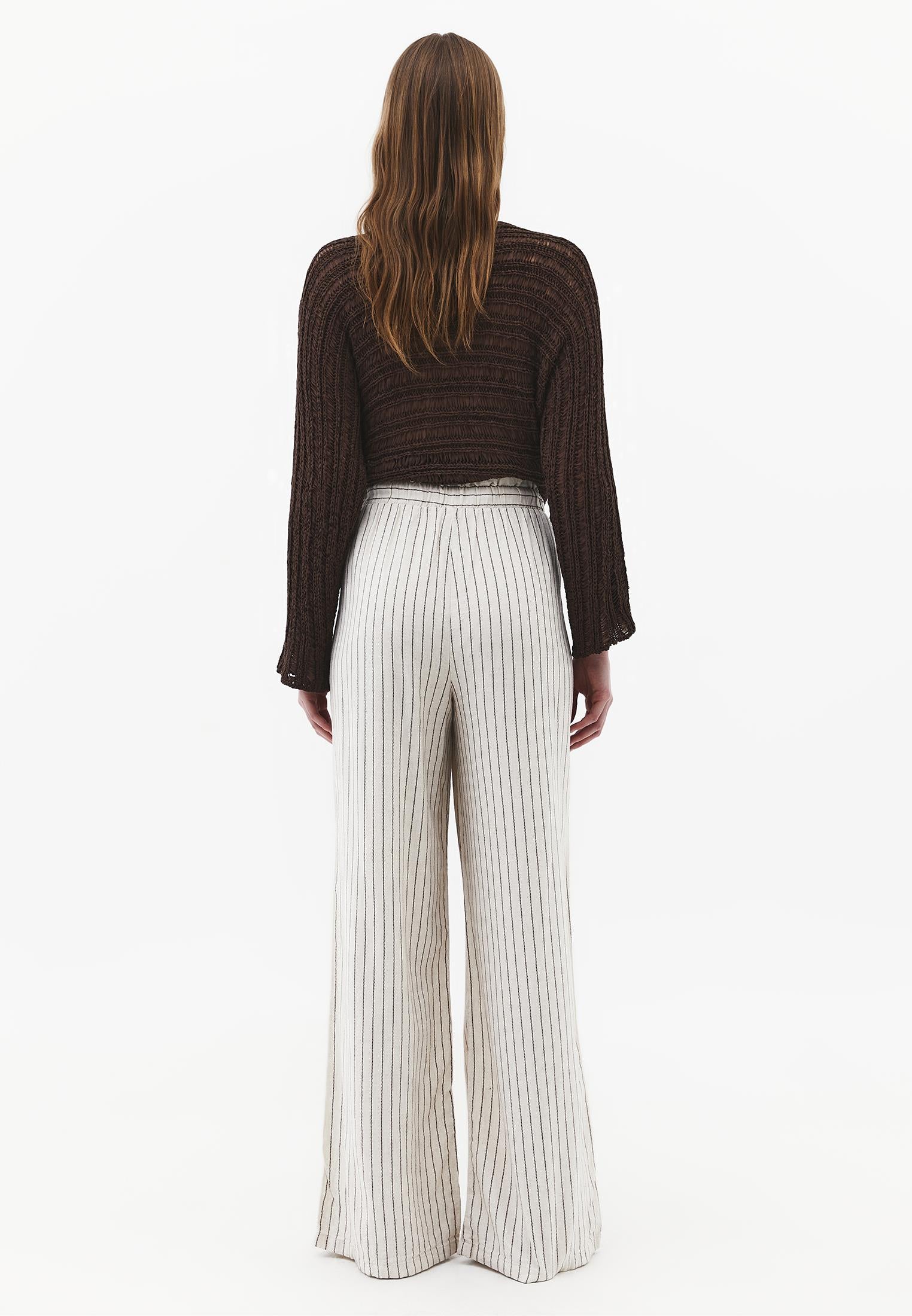 High Waist Wide Leg Pleated Pants - CHOCOLATE STRIPE