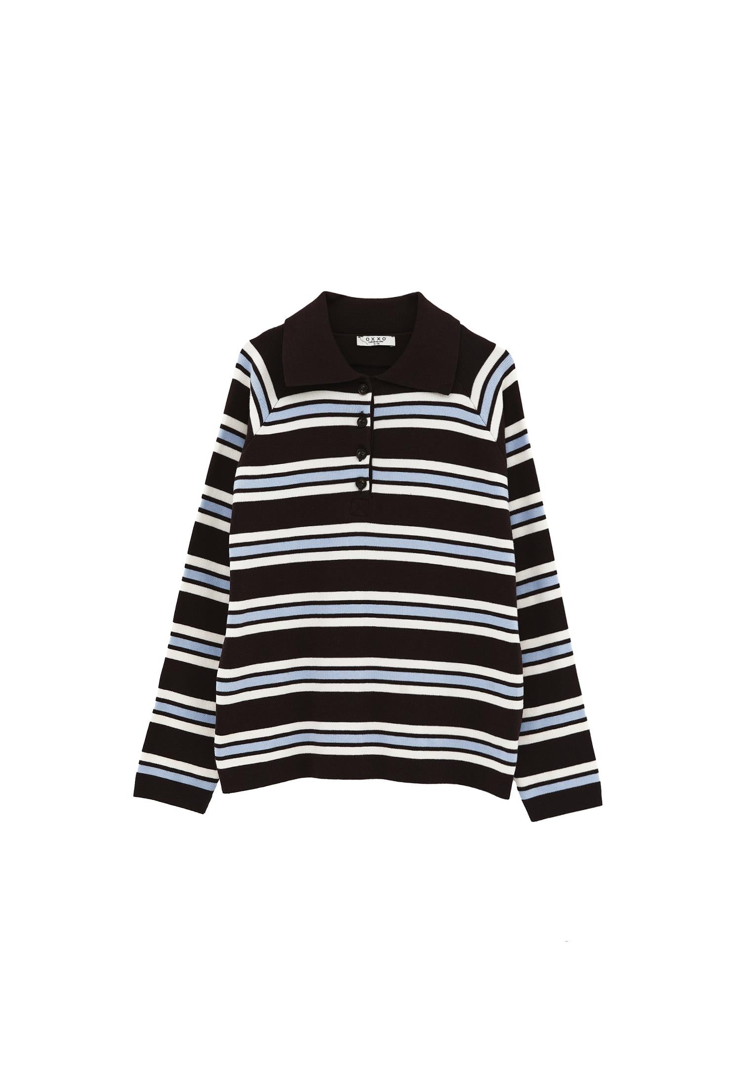 Polo Neck Striped Sweater - CHOCOLATE TORTE STRIPE