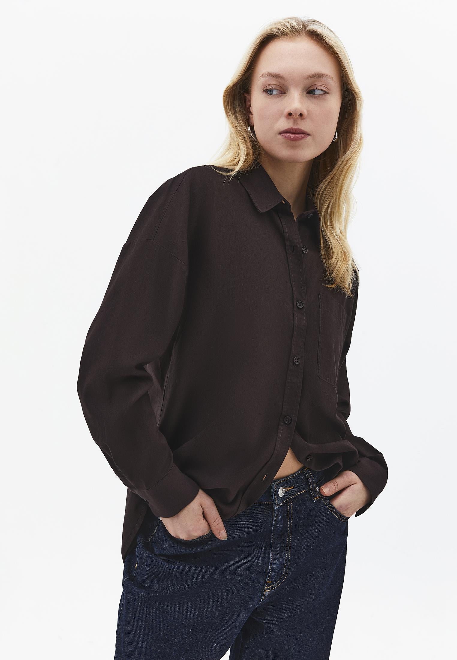 Oversize Long Sleeve Shirt With Pocket Detail - CHOCOLATE TORTE