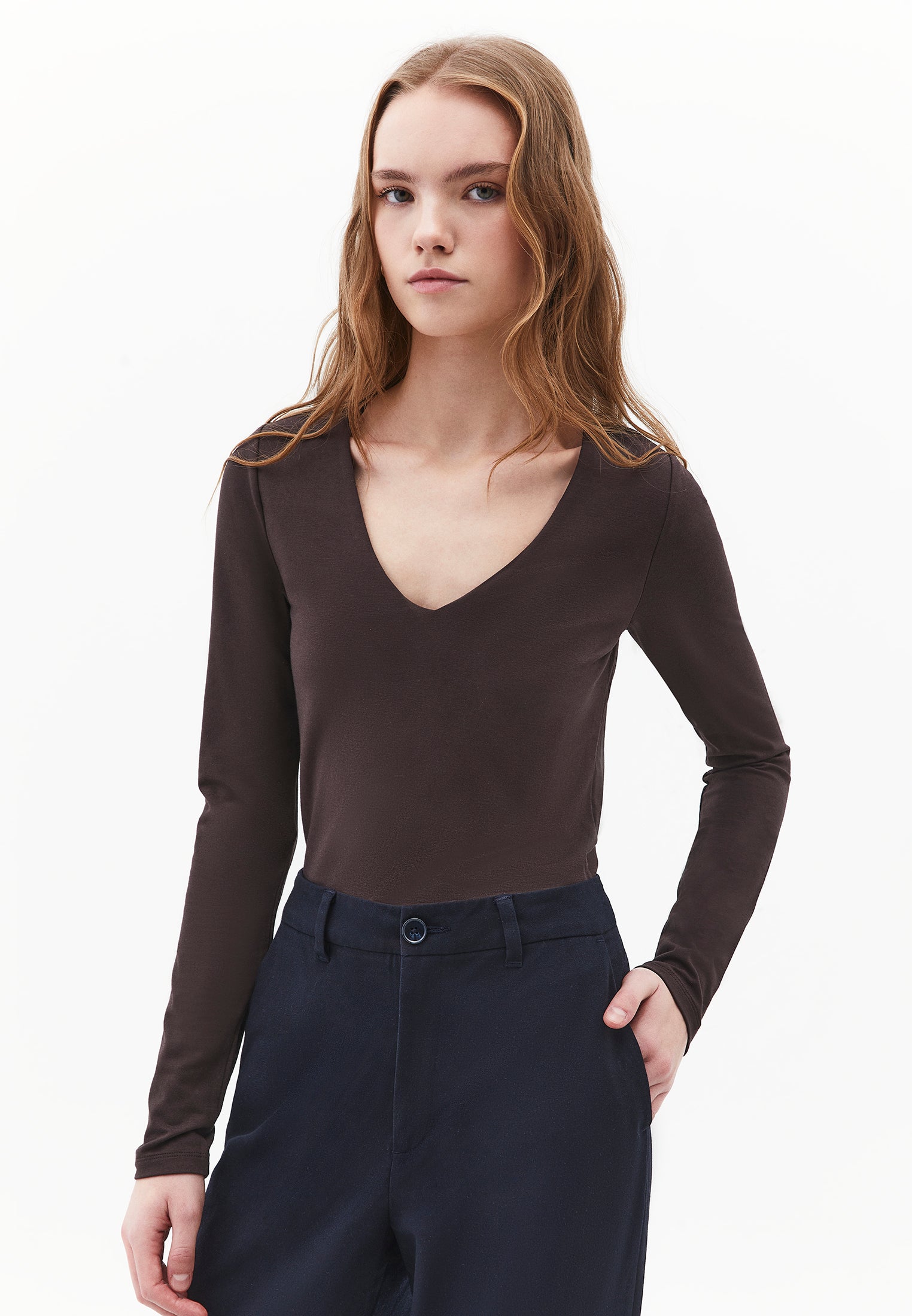 V Neck Long Sleeve Bodycon T-Shirt - CHOCOLATE TORTE