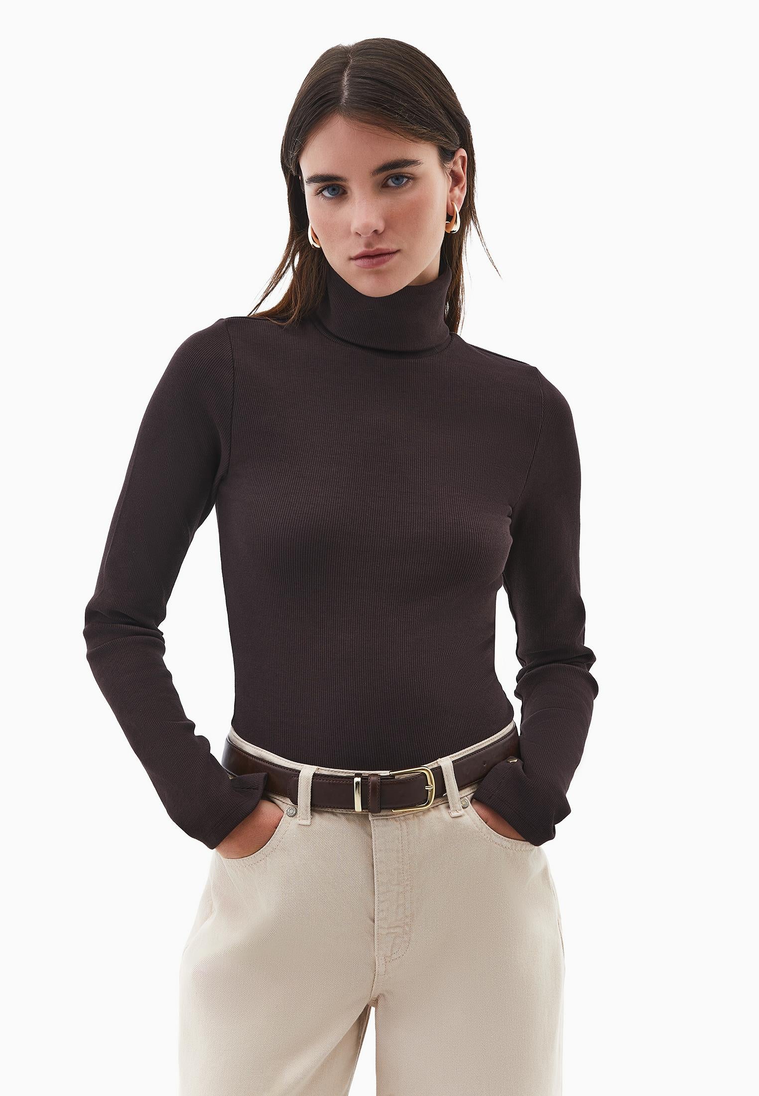 Turtleneck Long Sleeve Bodycon Top - CHOCOLATE TORTE