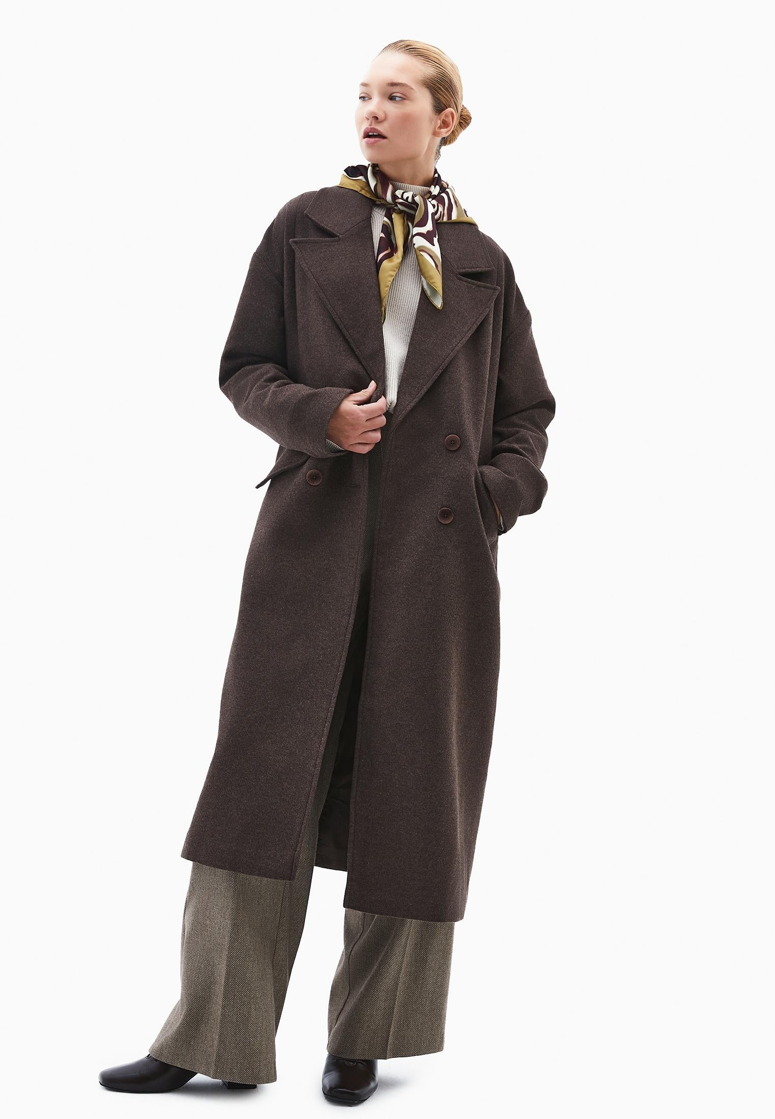 Long Coat With Shawl Collar And Pocket Details - CHOCOLATE TORTE