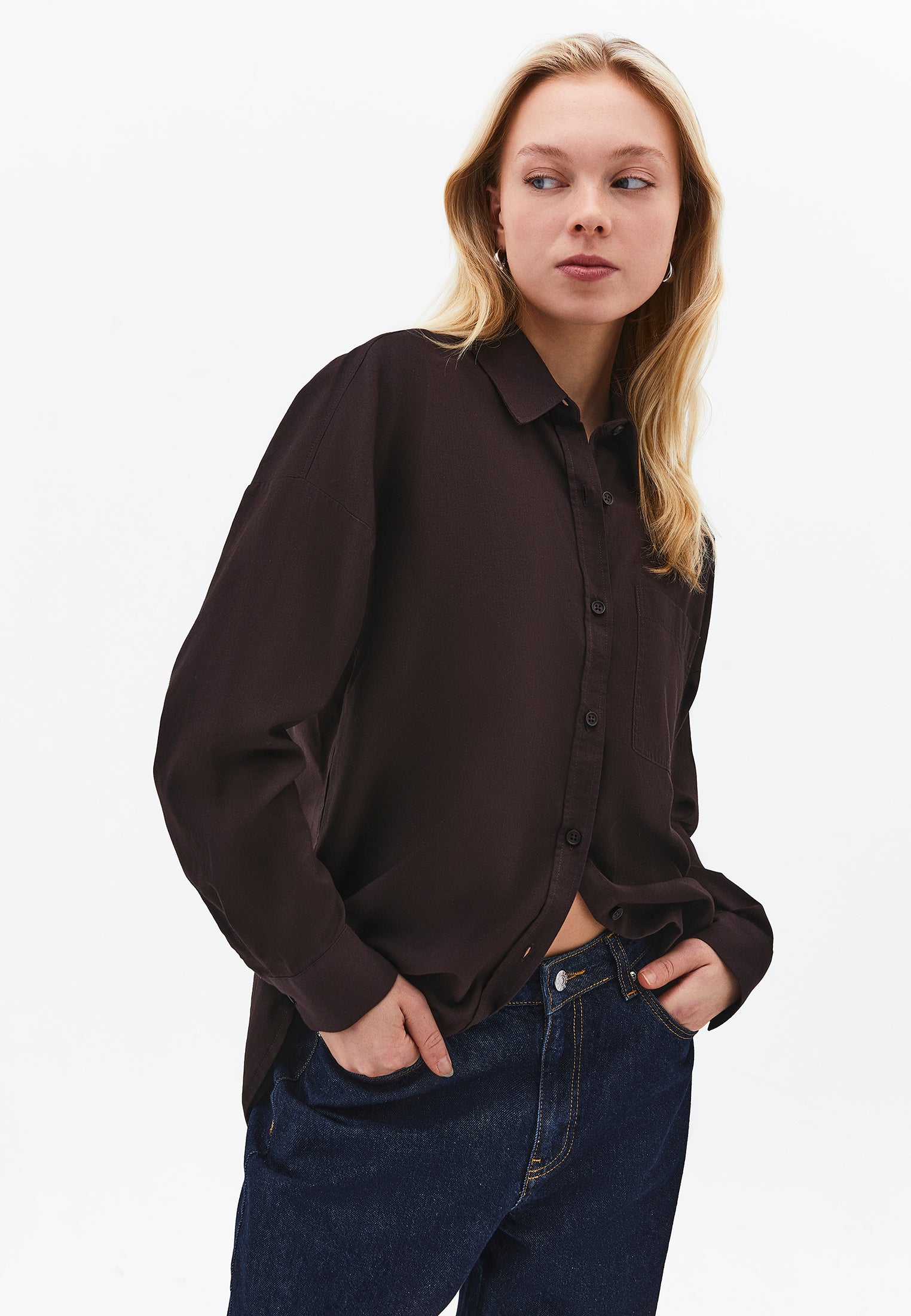 Oversize Long Sleeve Shirt With Pocket Detail - CHOCOLATE TORTE
