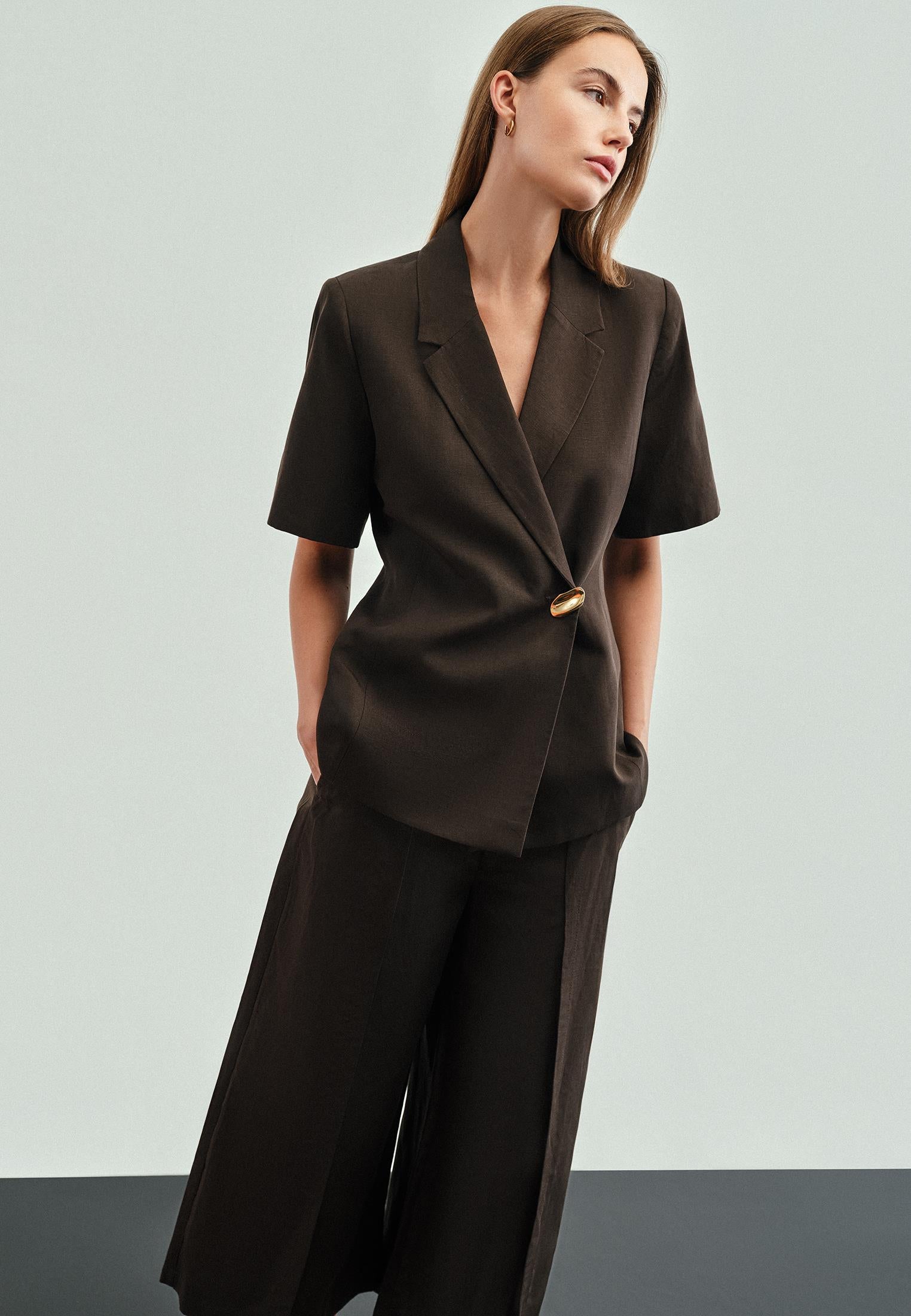 Short Sleeve Wrap Collar Button Detailed Blazer Jacket - CHOCOLATE TORTE