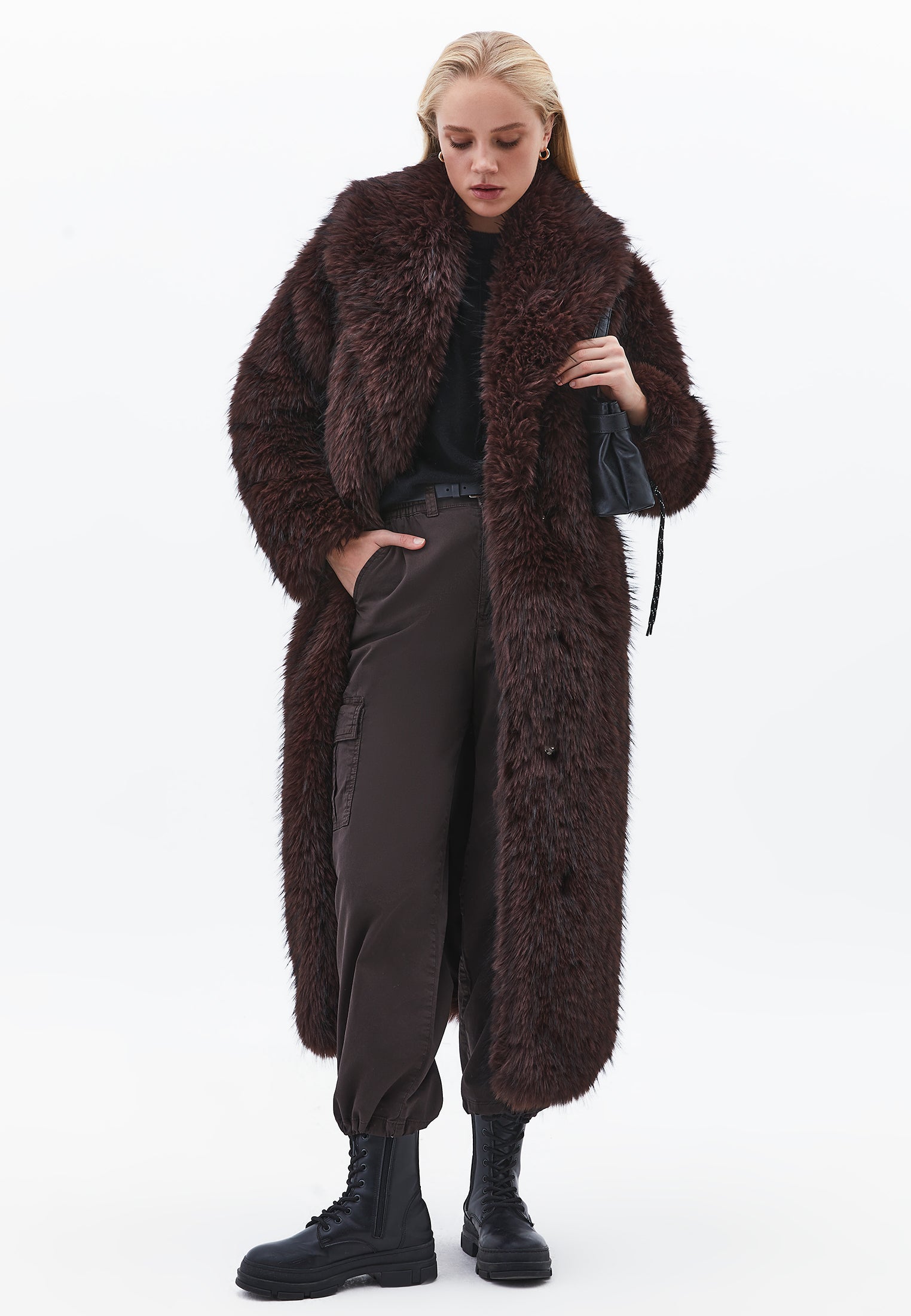 Shawl Collar Faux Fur Coat - CHOCOLATE TORTE