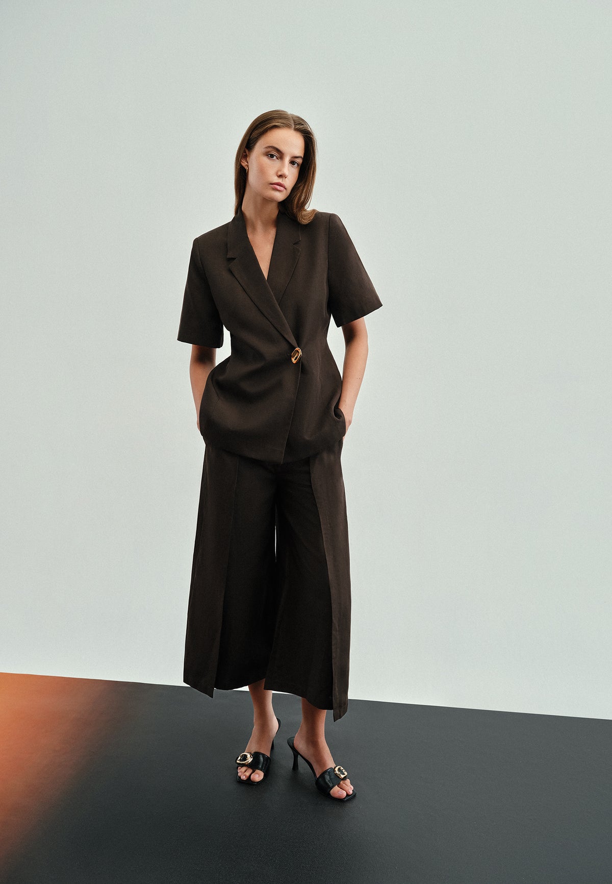 Short Sleeve Wrap Collar Button Detailed Blazer Jacket - CHOCOLATE TORTE