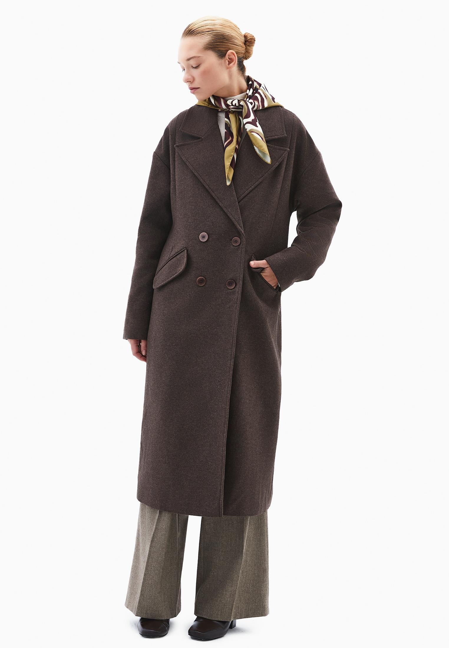 Long Coat With Shawl Collar And Pocket Details - CHOCOLATE TORTE