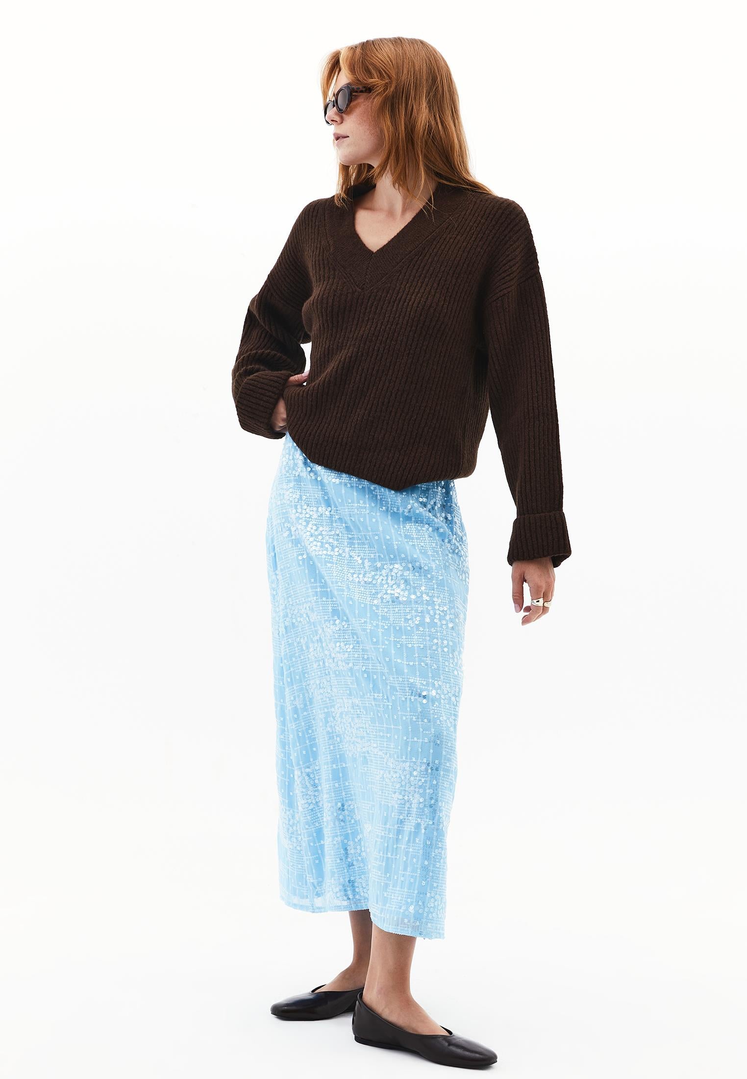 V Neck Knit Sweater - CHOCOLATE TORTE