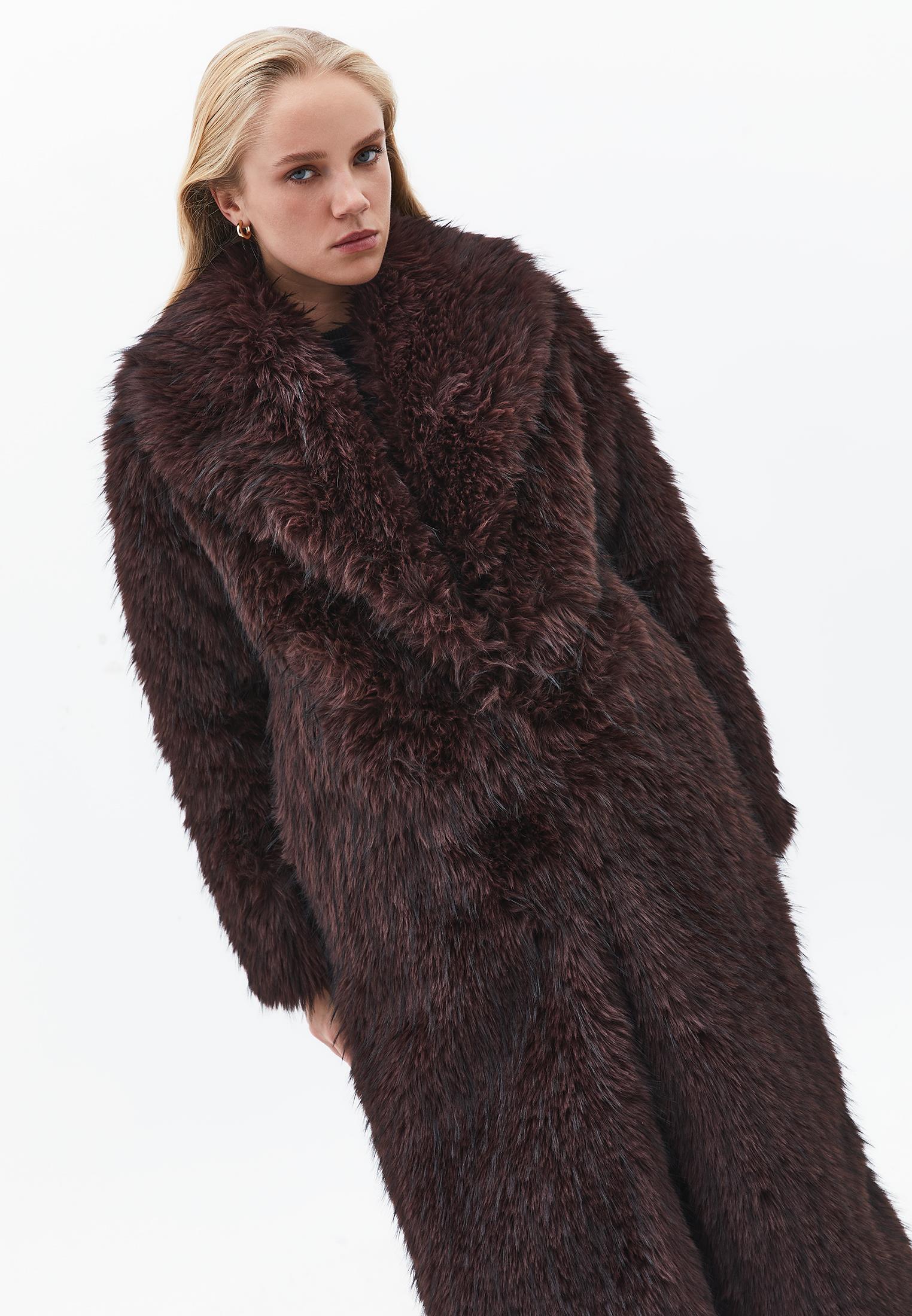 Shawl Collar Faux Fur Coat - CHOCOLATE TORTE