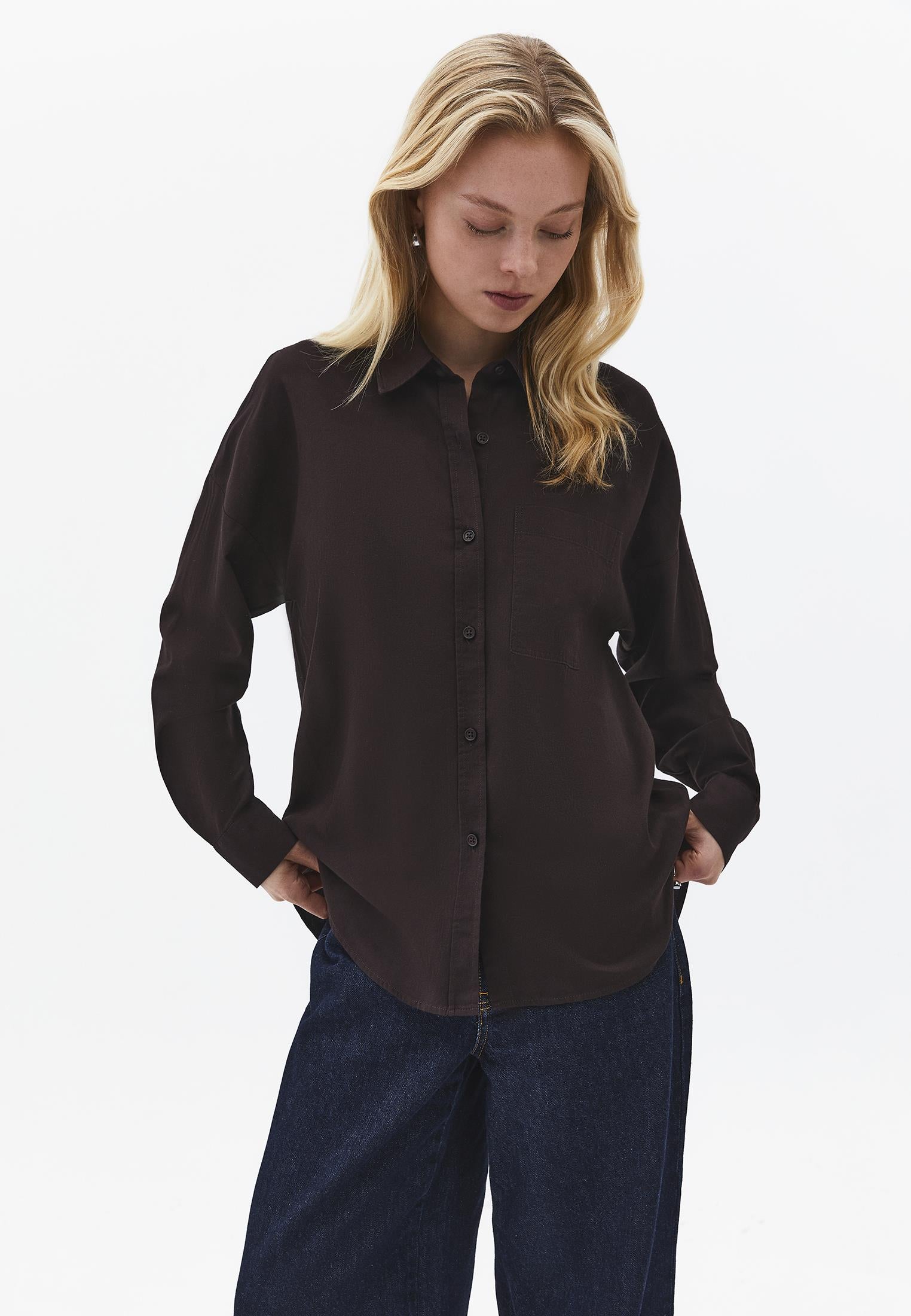 Oversize Long Sleeve Shirt With Pocket Detail - CHOCOLATE TORTE