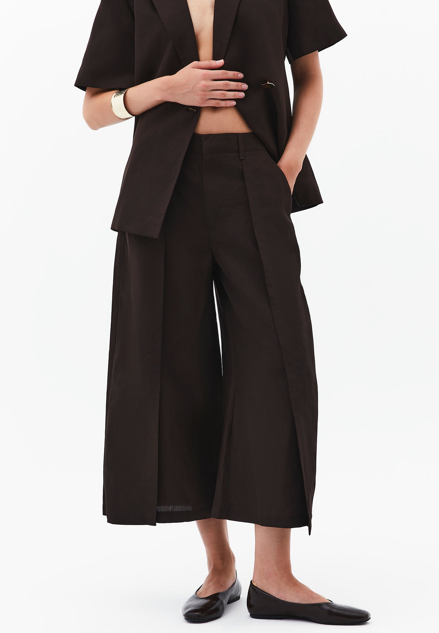 Pleated High Waist Cropped Culotte Pants - CHOCOLATE TORTE