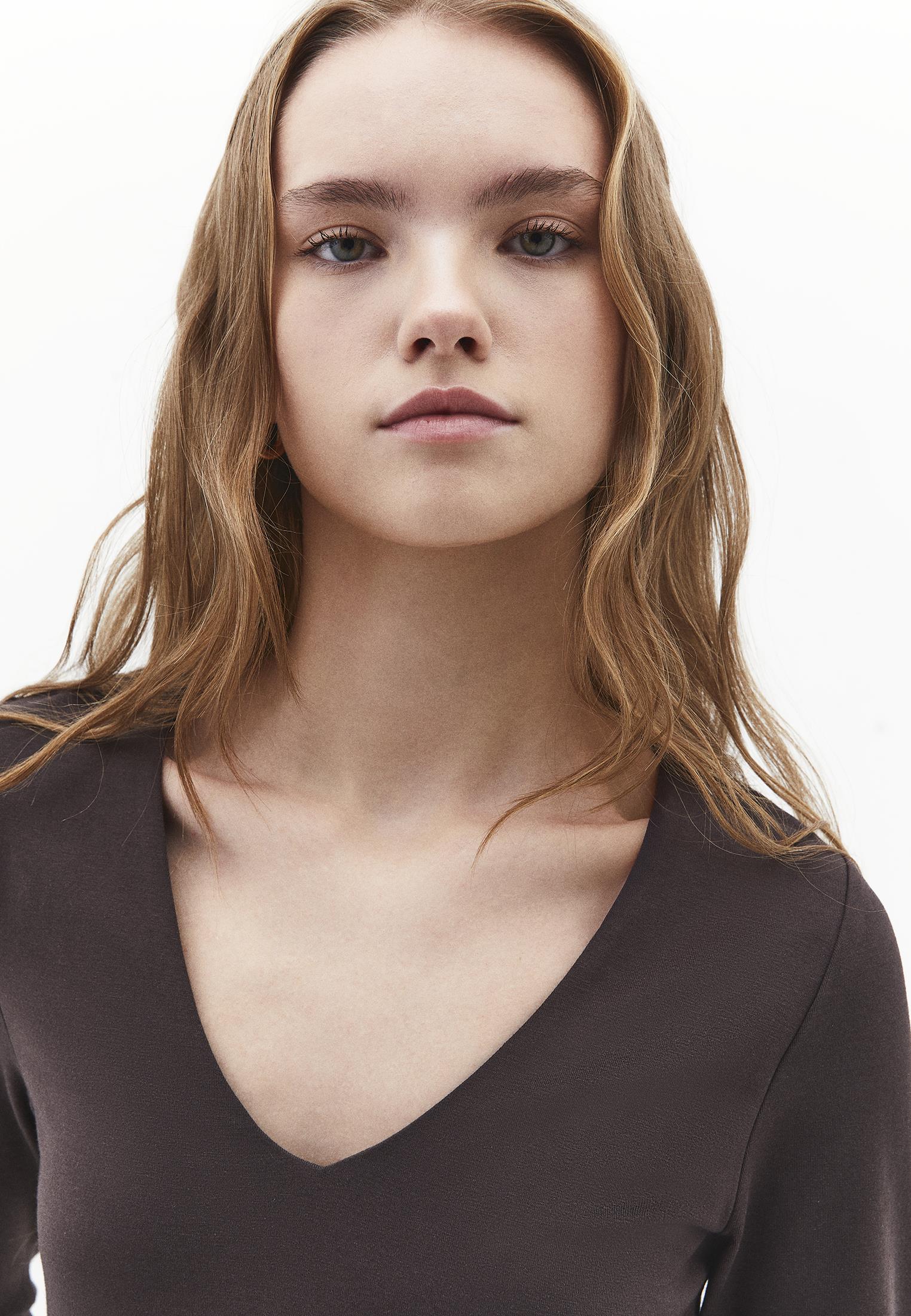 V Neck Long Sleeve Bodycon T-Shirt - CHOCOLATE TORTE
