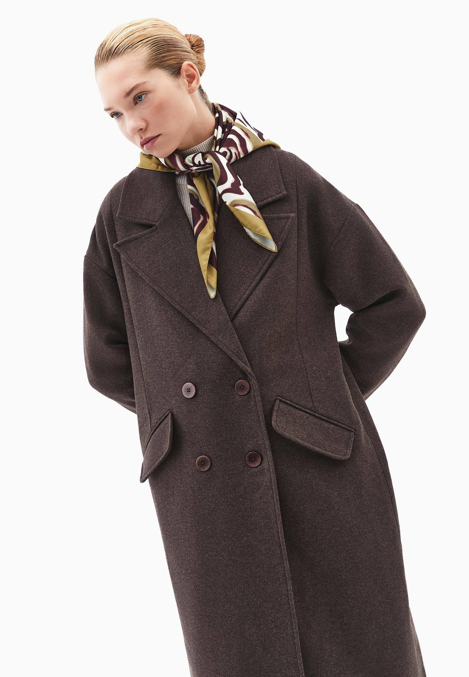 Long Coat With Shawl Collar And Pocket Details - CHOCOLATE TORTE