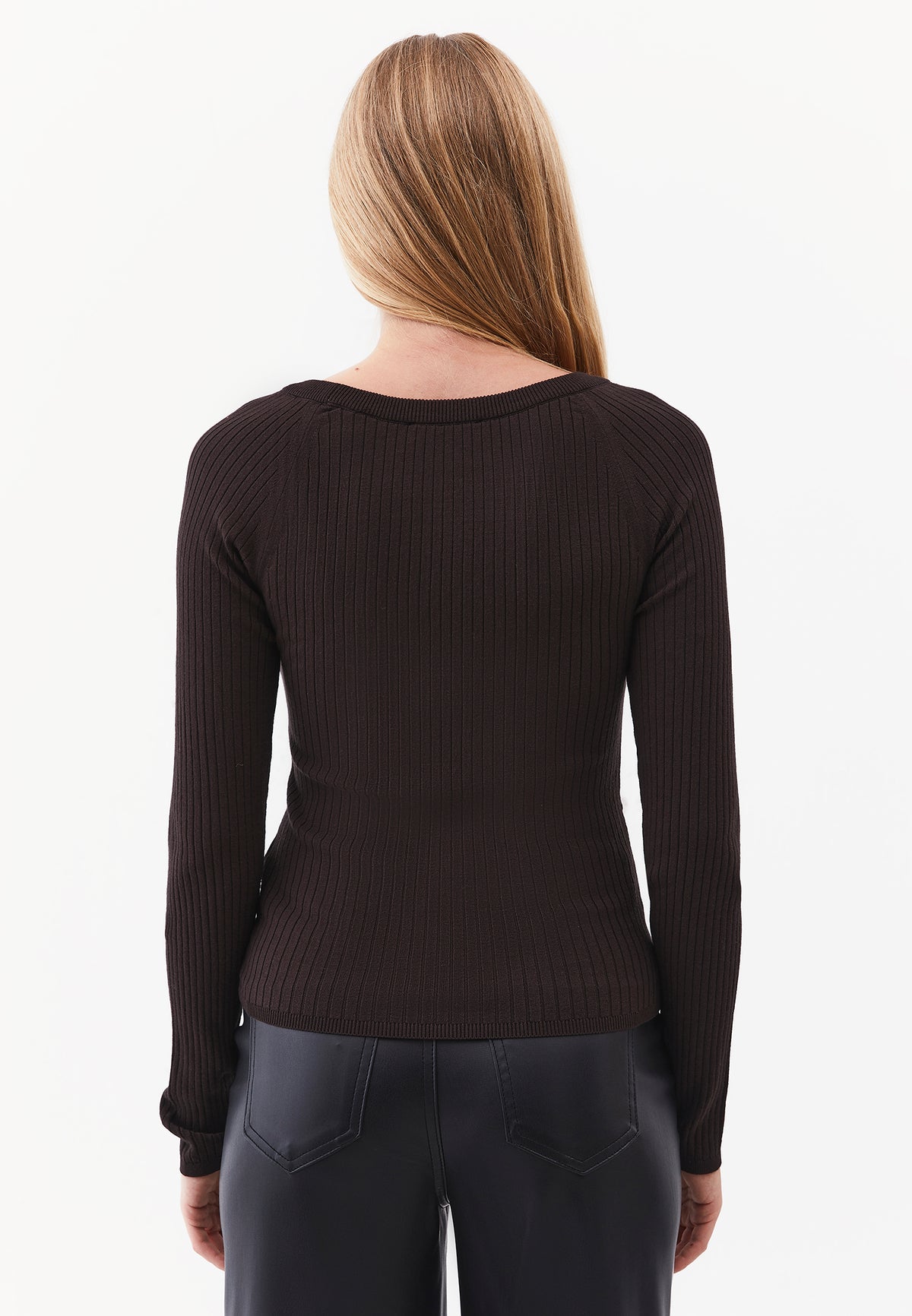 Ribbed Knit Sweater with Boat Neck and Raglan Sleeve - CHOCOLATE TORTE