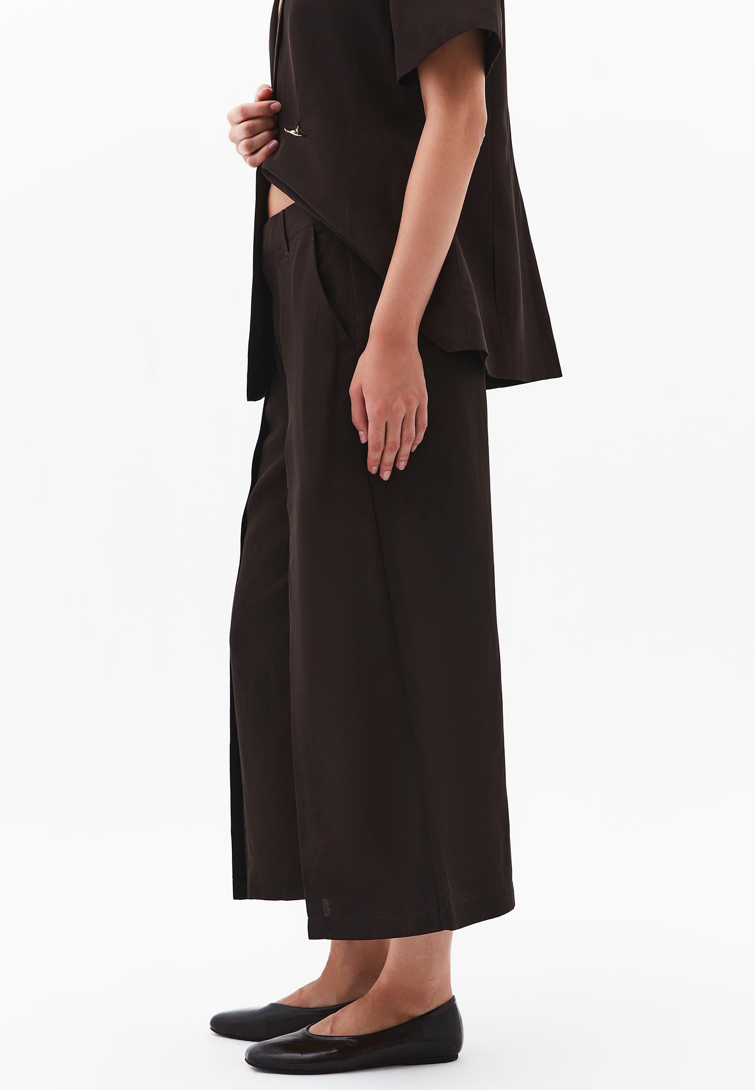 Pleated High Waist Cropped Culotte Pants - CHOCOLATE TORTE