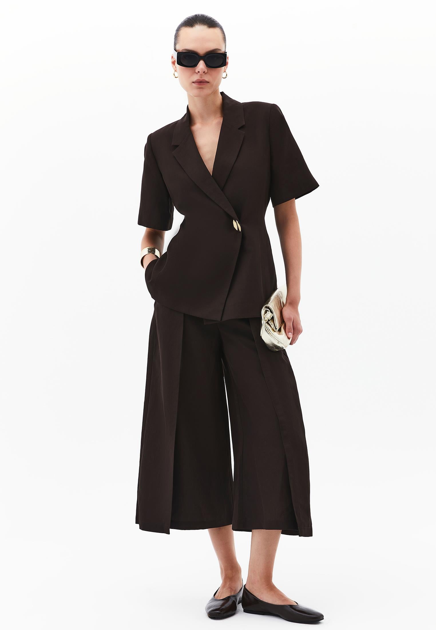 Short Sleeve Wrap Collar Button Detailed Blazer Jacket - CHOCOLATE TORTE