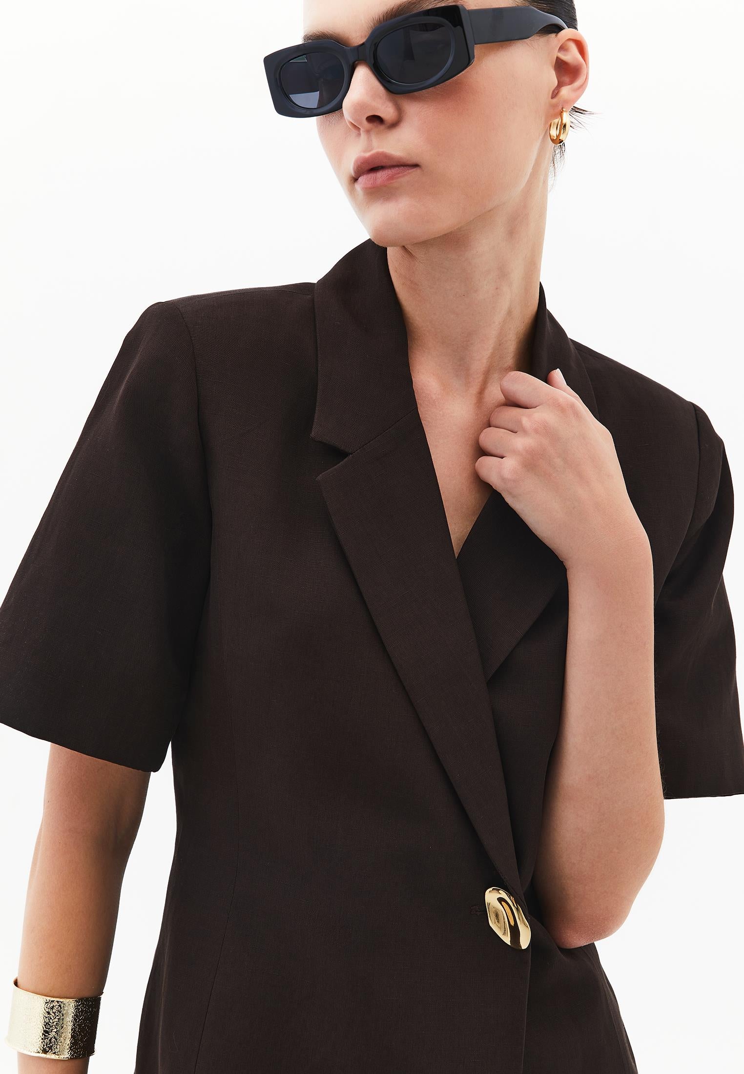 Short Sleeve Wrap Collar Button Detailed Blazer Jacket - CHOCOLATE TORTE