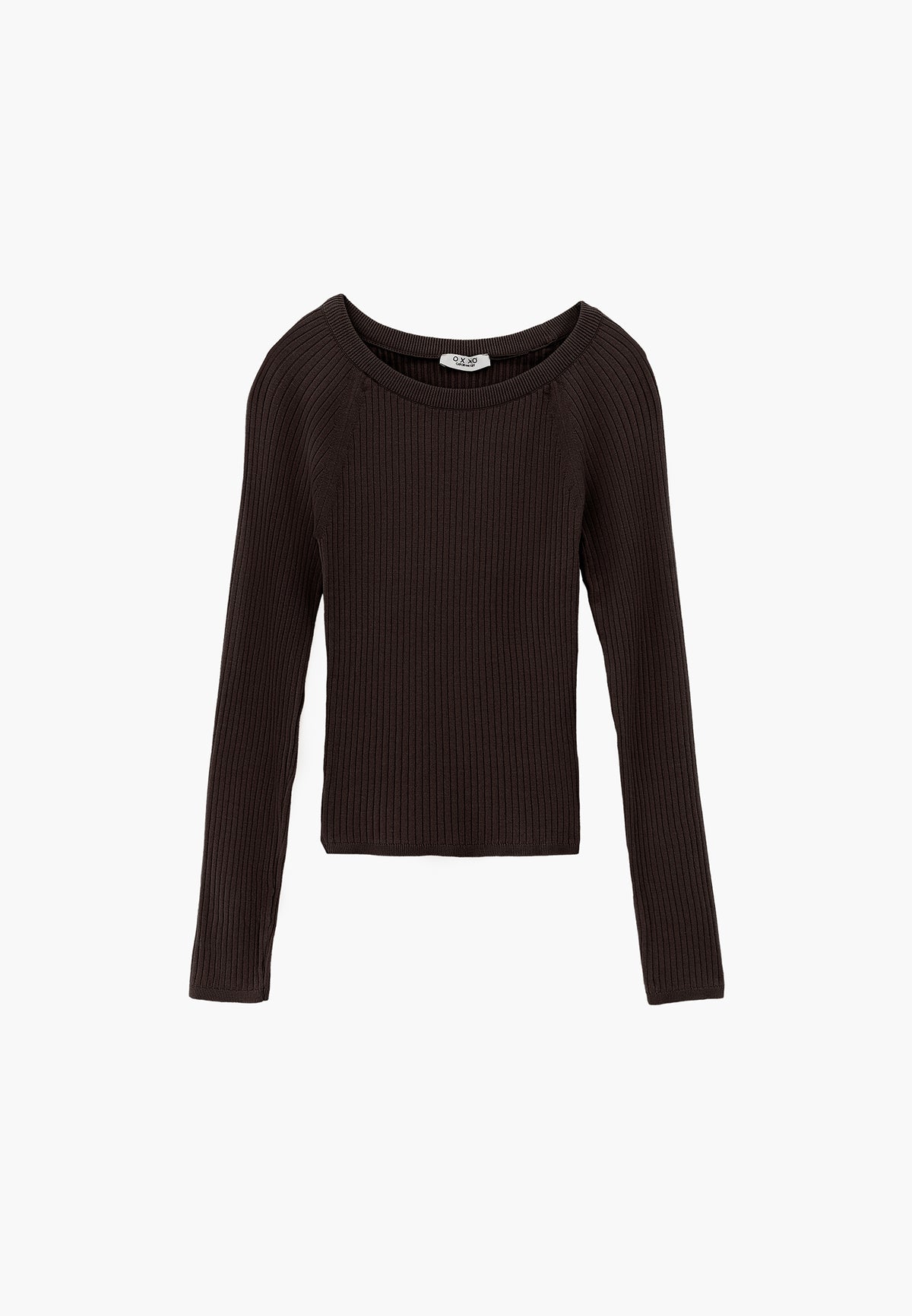 Ribbed Knit Sweater with Boat Neck and Raglan Sleeve - CHOCOLATE TORTE