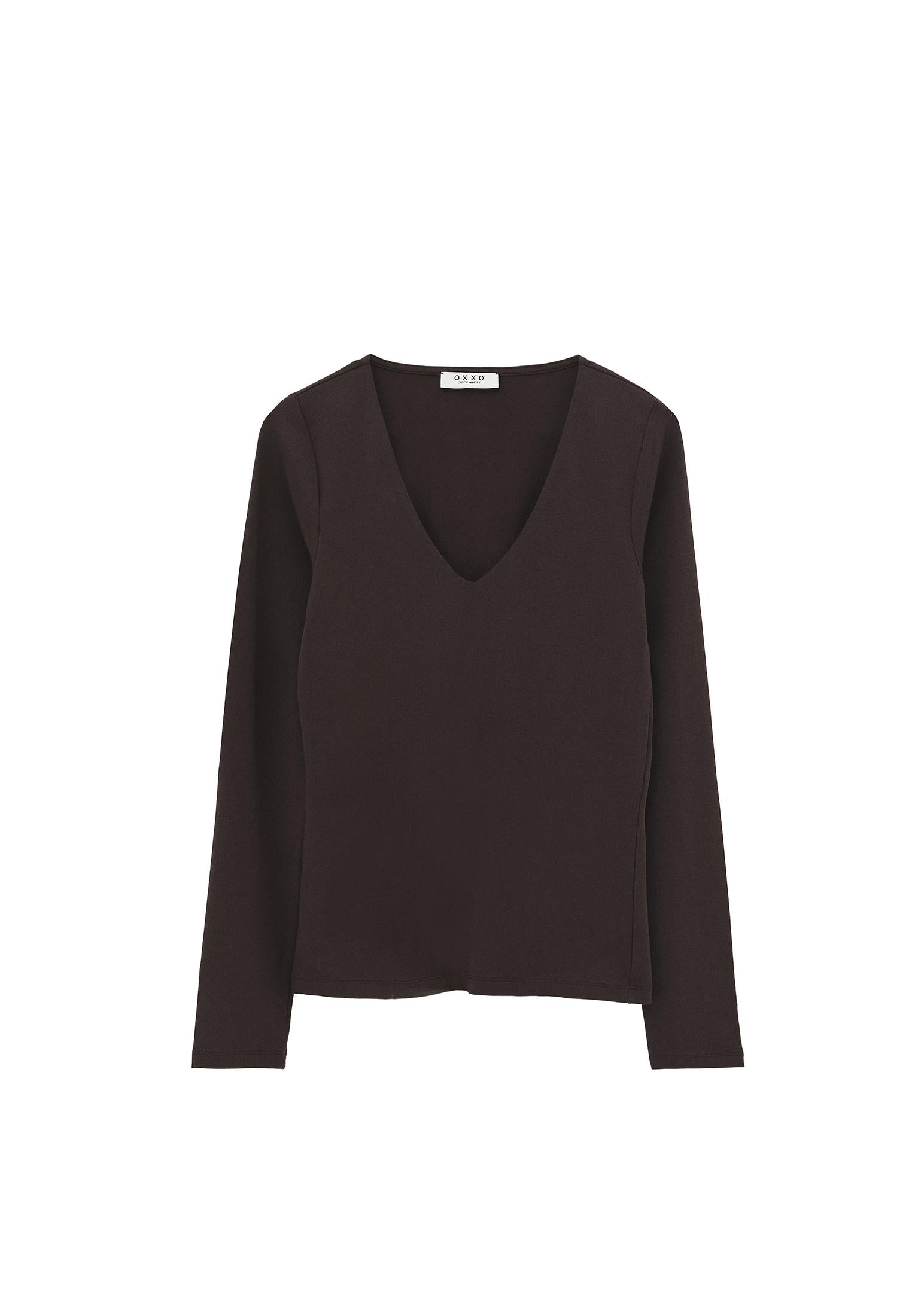 V Neck Long Sleeve Bodycon T-Shirt - CHOCOLATE TORTE