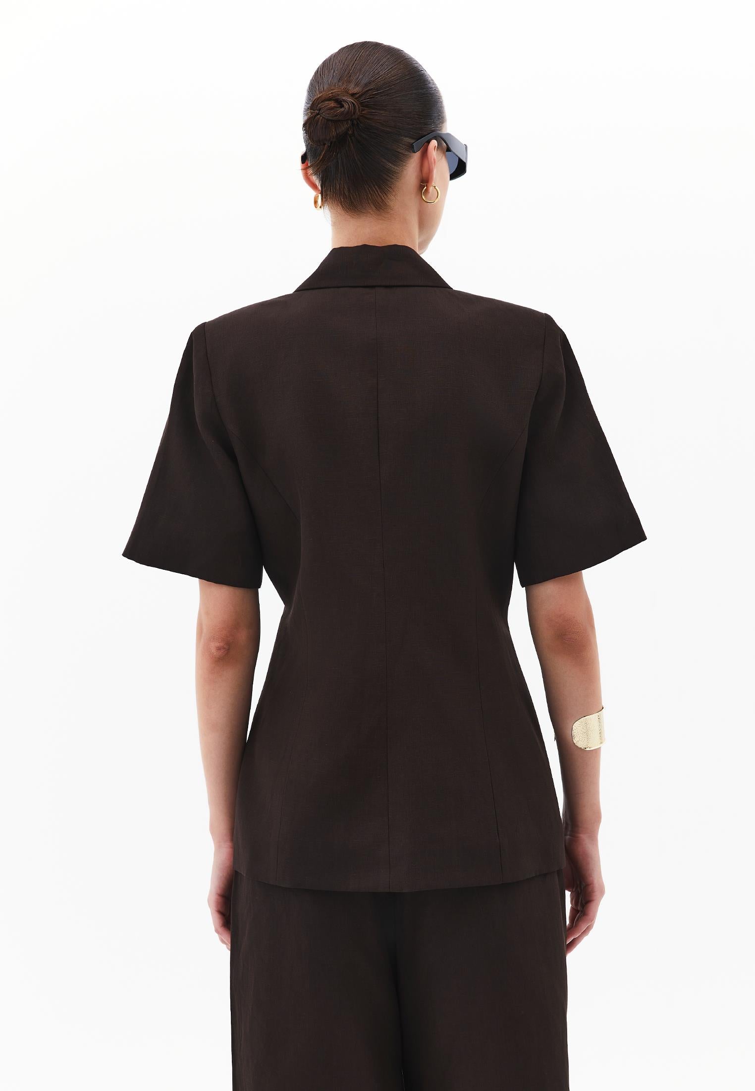 Short Sleeve Wrap Collar Button Detailed Blazer Jacket - CHOCOLATE TORTE