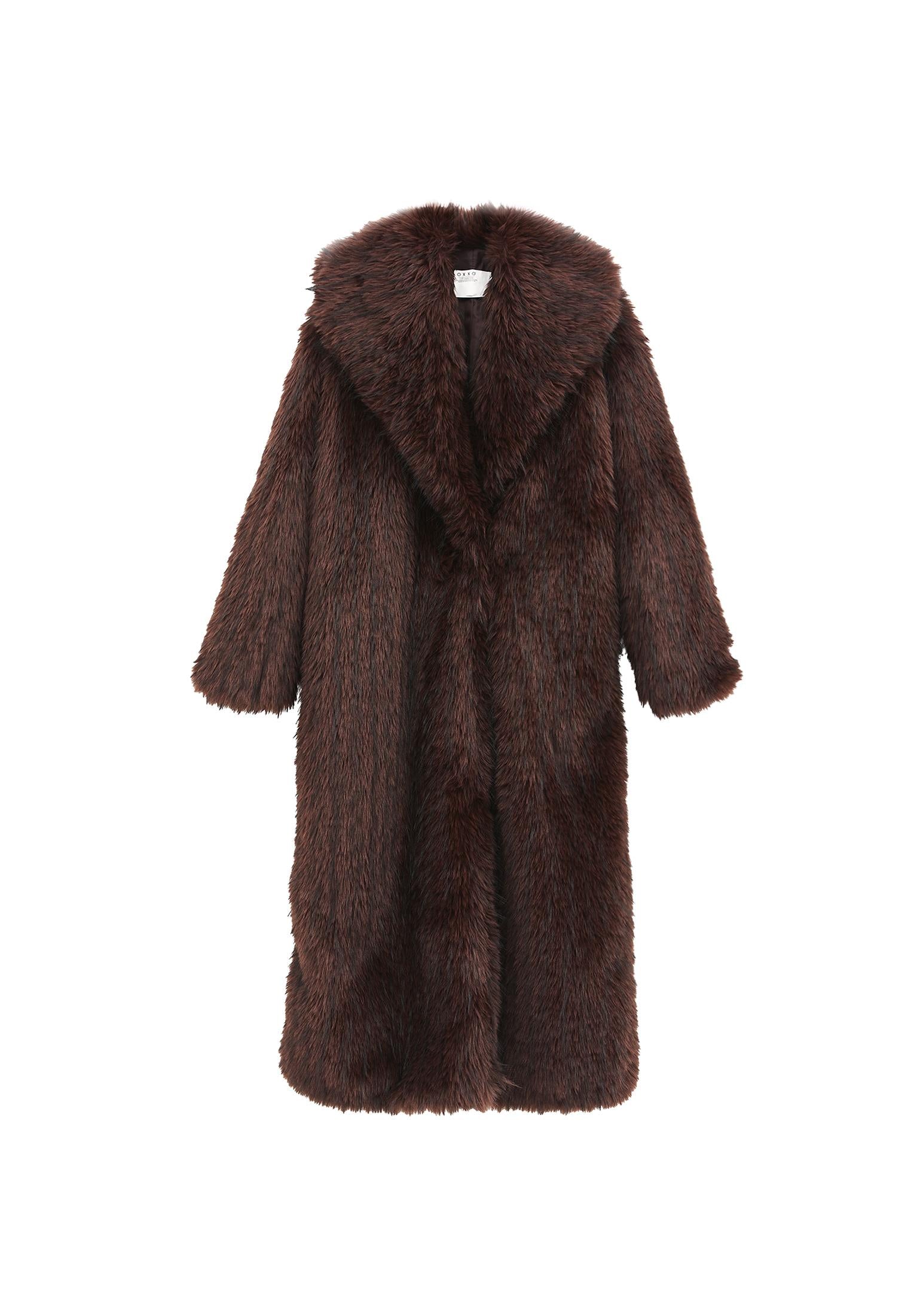 Shawl Collar Faux Fur Coat - CHOCOLATE TORTE