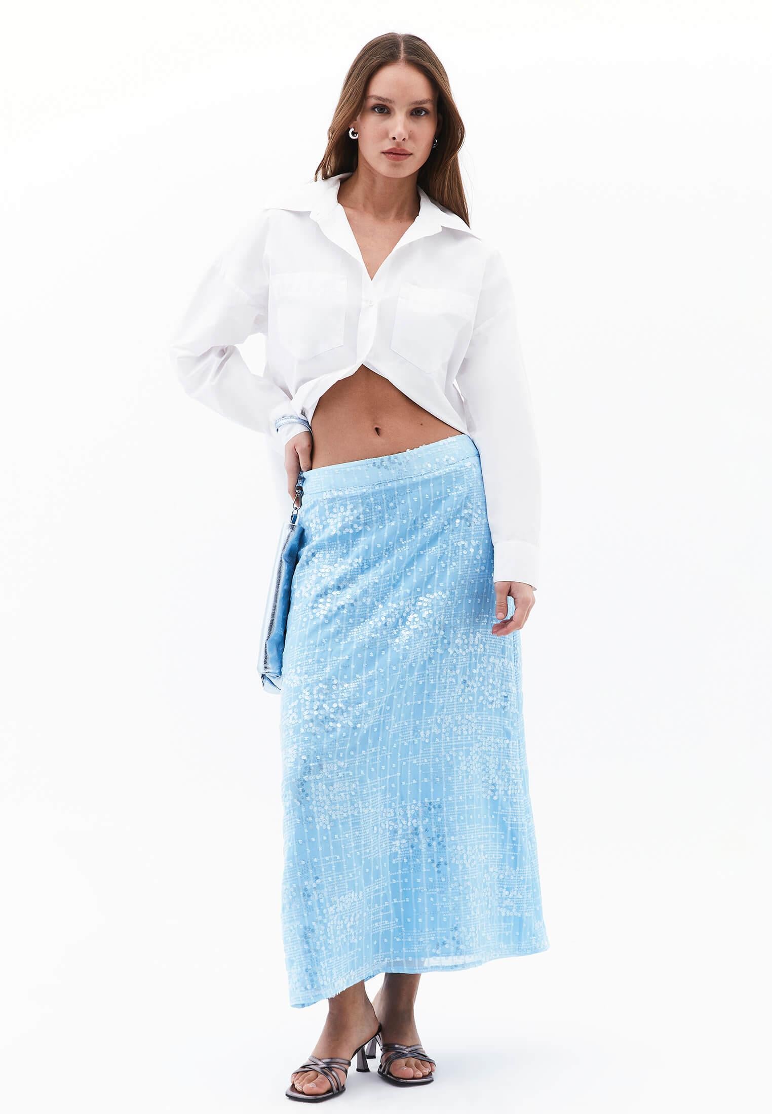 High Waist Midi Flared Woven Skirt - CLEAR SKY