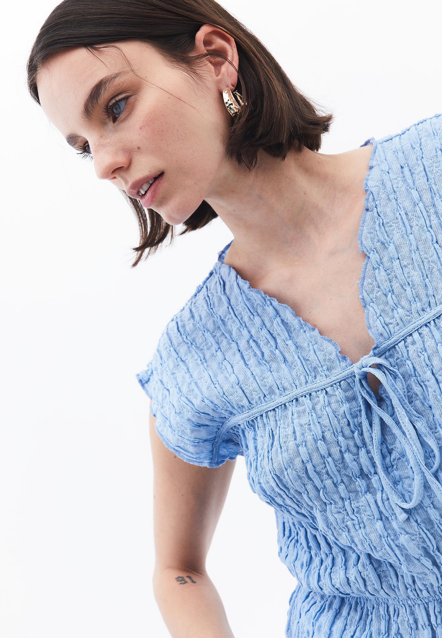 V Neck Short Sleeve Blouse - CLEAR SKY