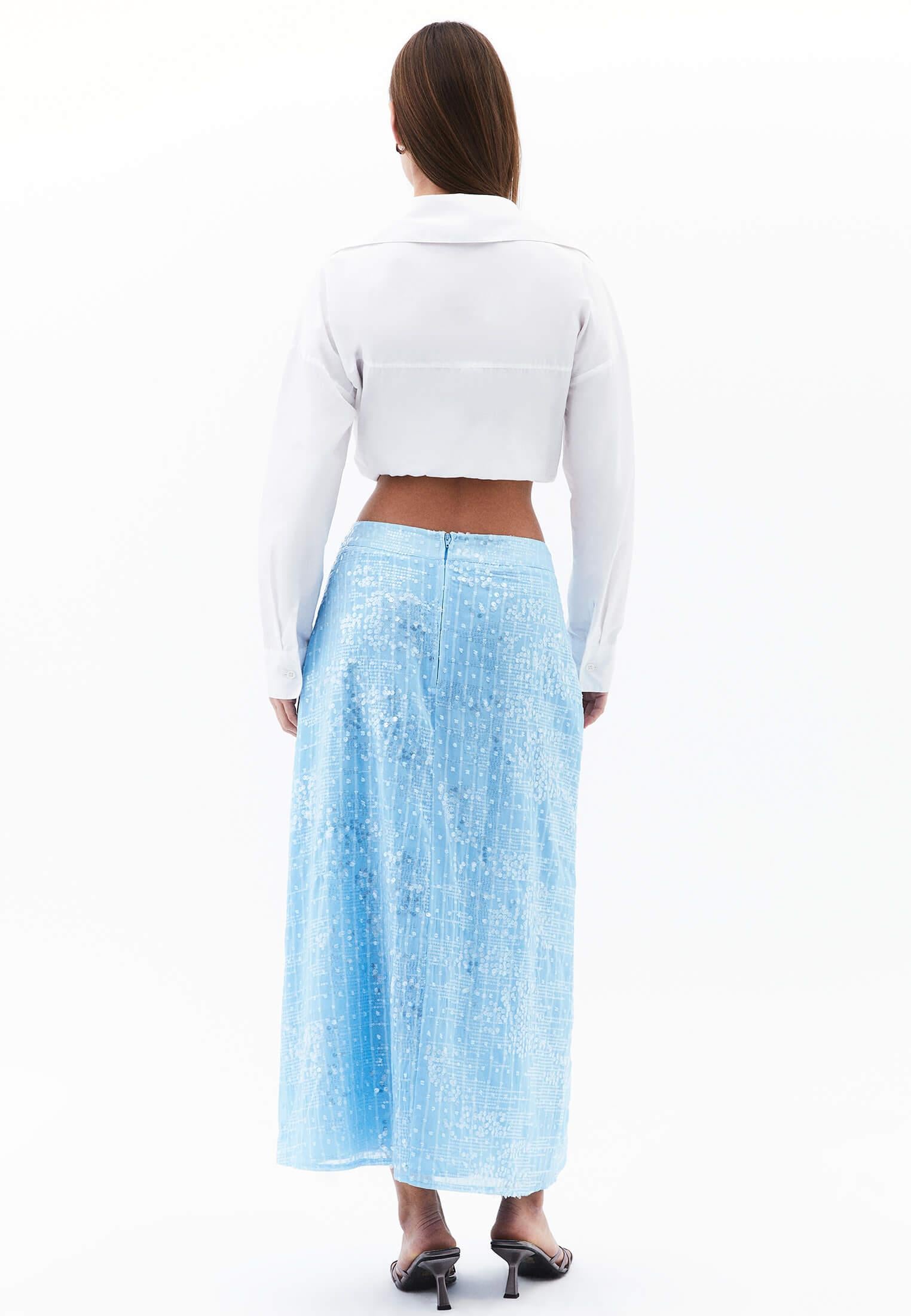 High Waist Midi Flared Woven Skirt - CLEAR SKY
