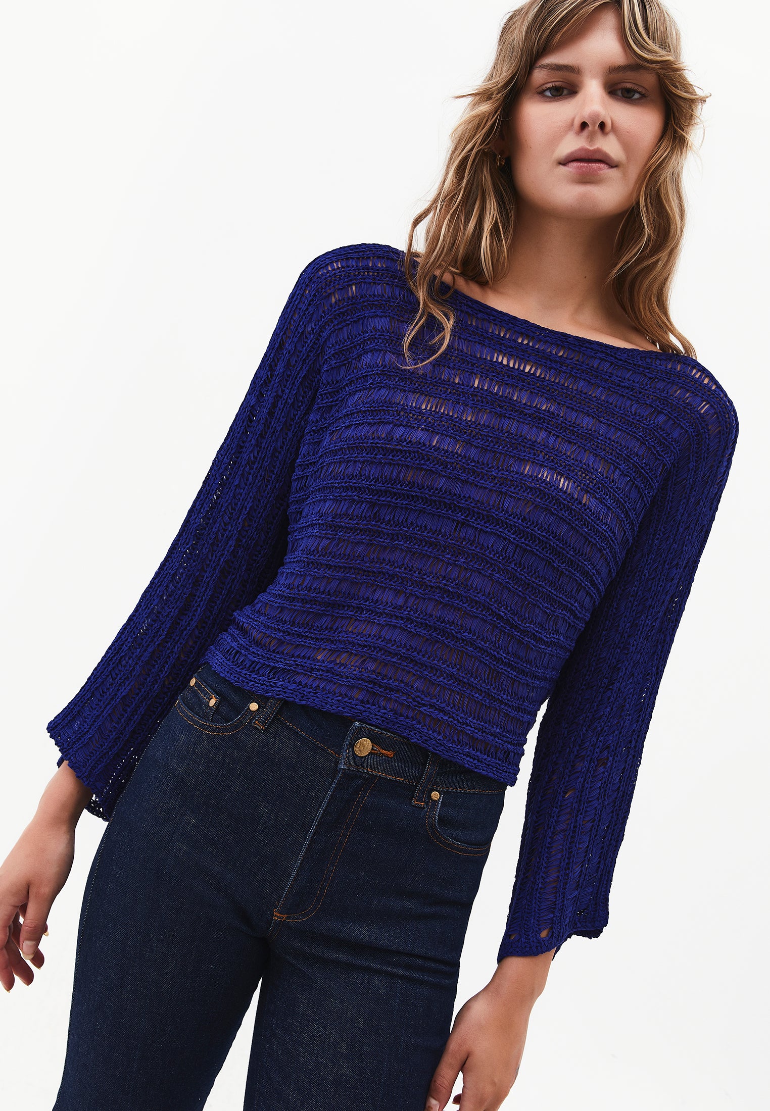 Openwork Boat Neck Long Sleeve Knit Sweater - CLEMATIS BLUE