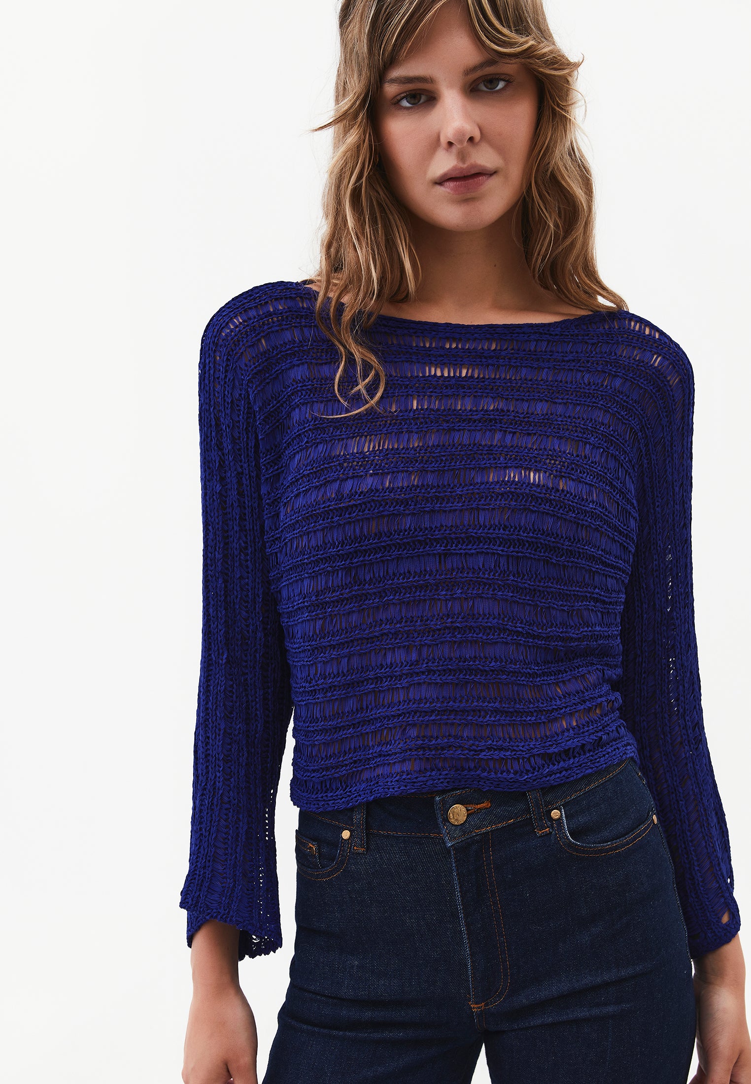 Openwork Boat Neck Long Sleeve Knit Sweater - CLEMATIS BLUE