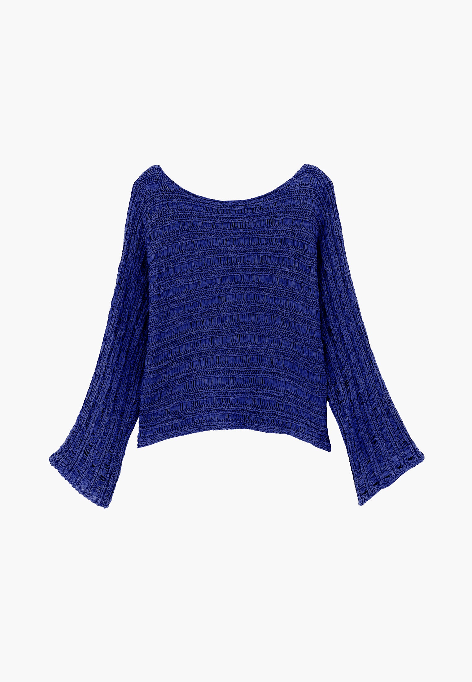 Openwork Boat Neck Long Sleeve Knit Sweater - CLEMATIS BLUE