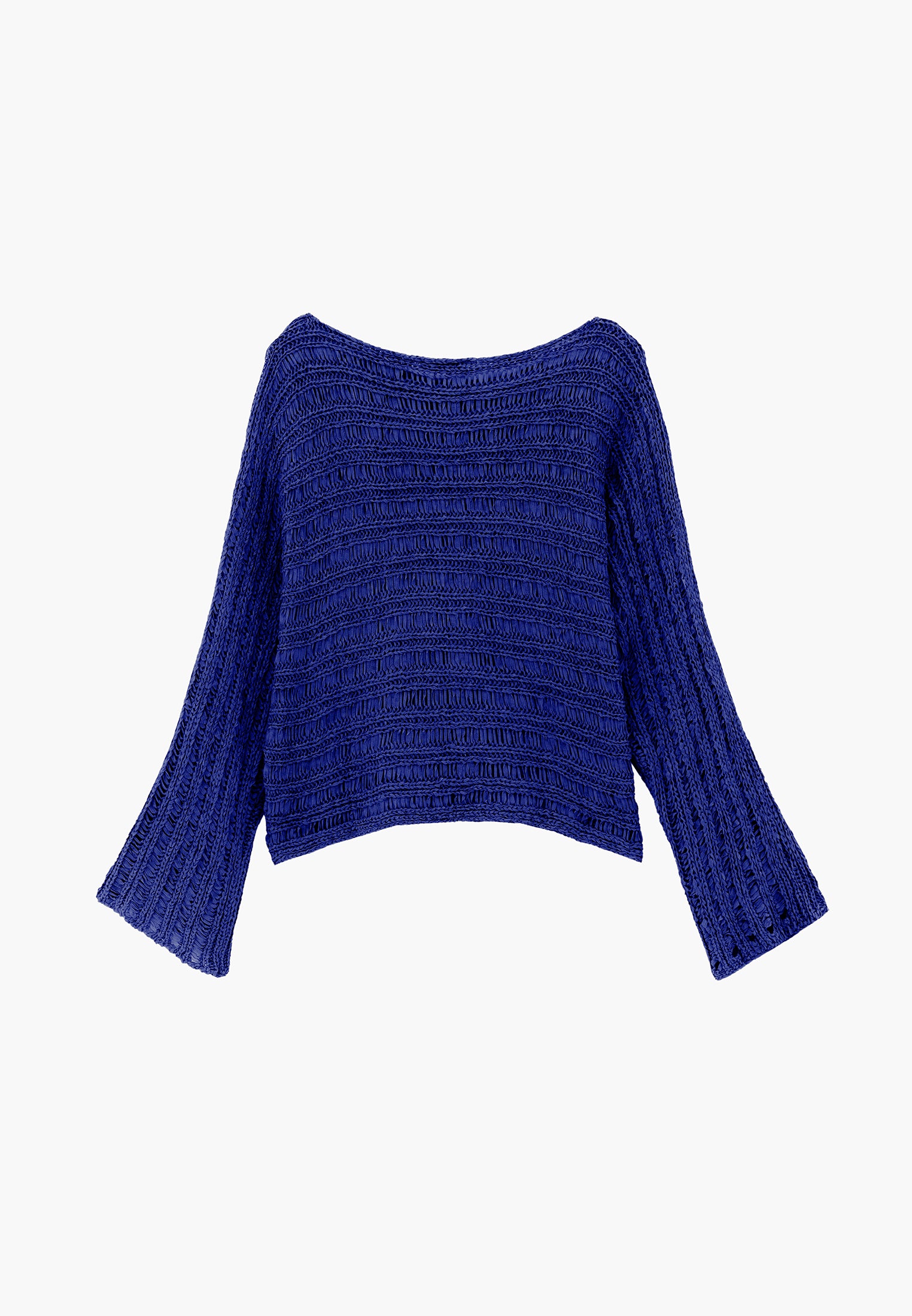 Openwork Boat Neck Long Sleeve Knit Sweater - CLEMATIS BLUE