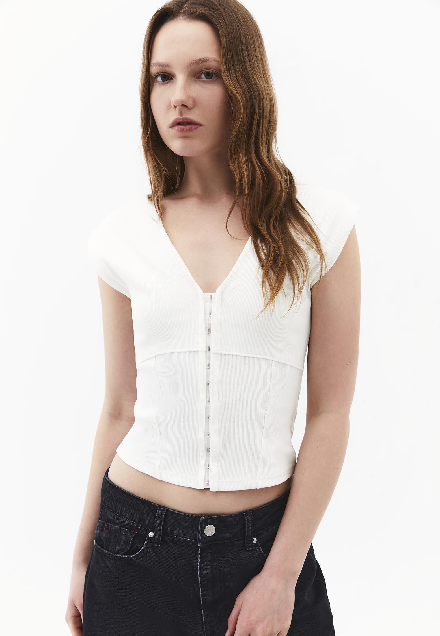 V Neck Bodycon T-Shirt - CLOUD DANCER