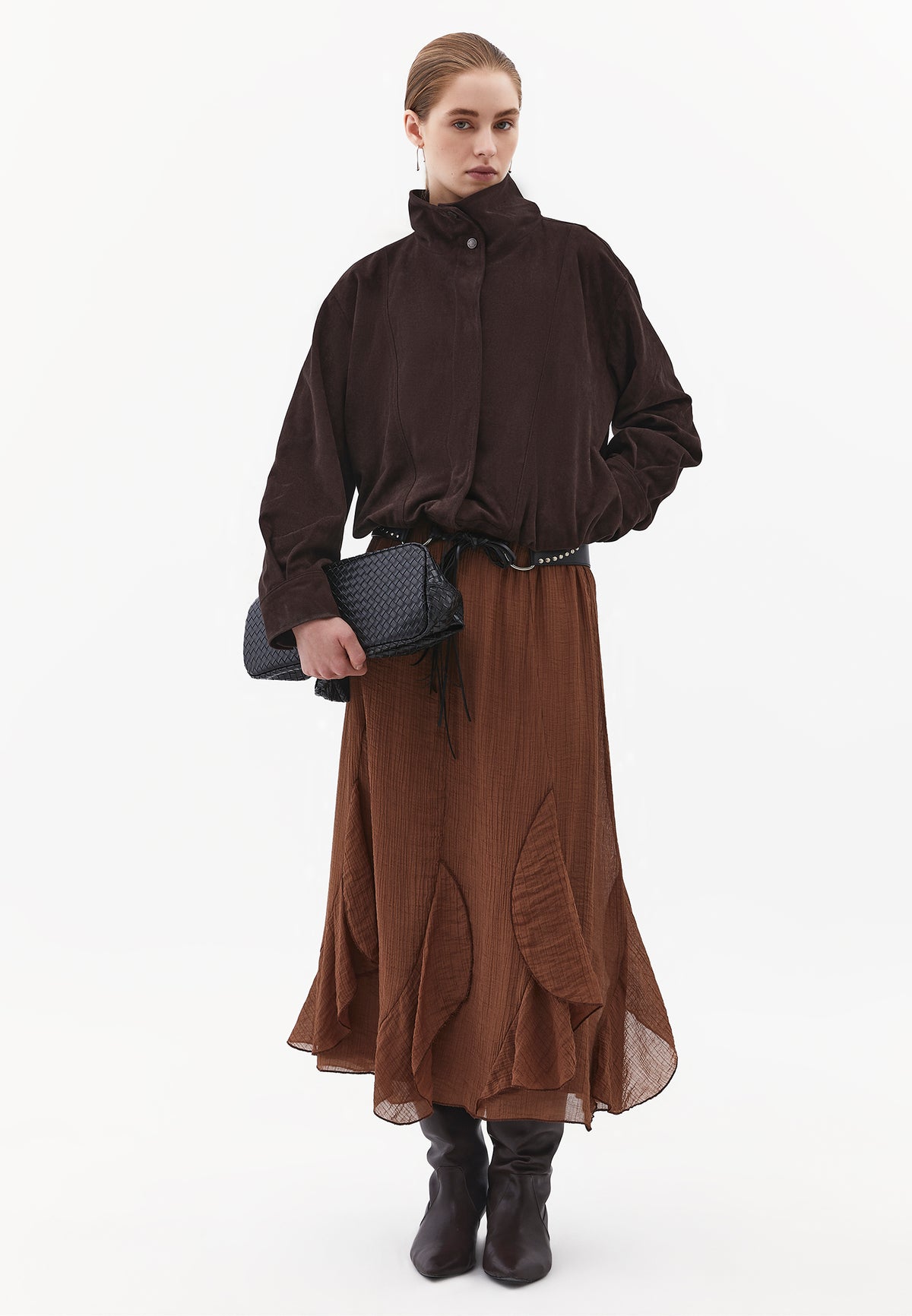 High Waist Ruffled Midi Skirt - COCOA BROWN