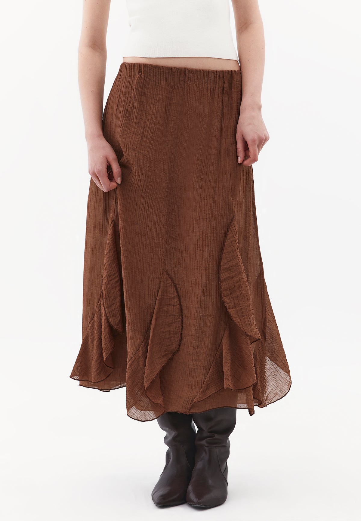 High Waist Ruffled Midi Skirt - COCOA BROWN