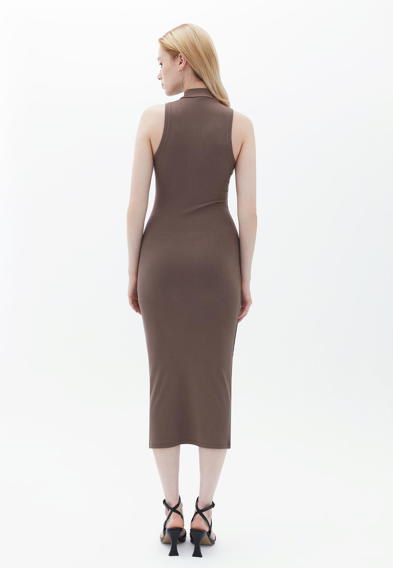 High Neck Sleeveless Bodycon Midi Dress - COFFE QUARTZ